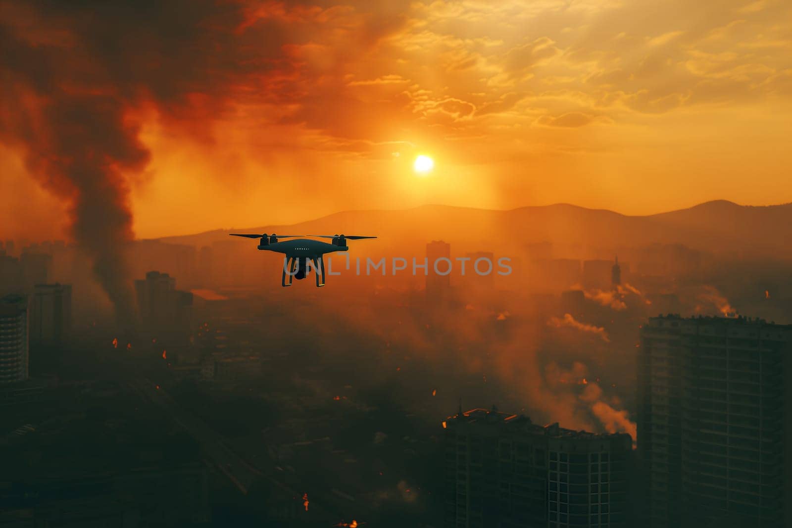Copter drone over burning city at sunset or sunrise. Neural network generated image. Not based on any actual scene or pattern.