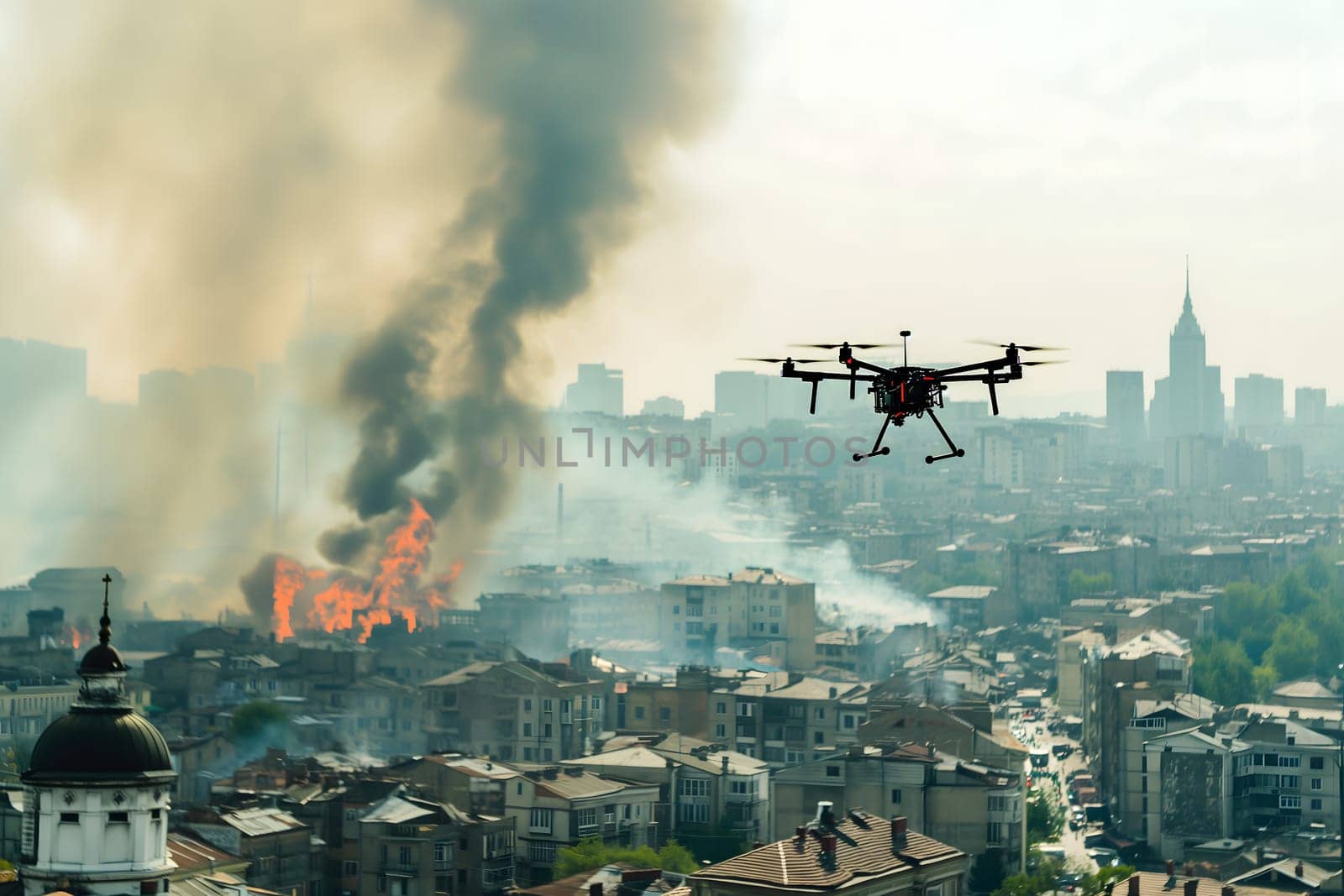 Copter drone over city with smoke. Neural network generated image. Not based on any actual scene or pattern.