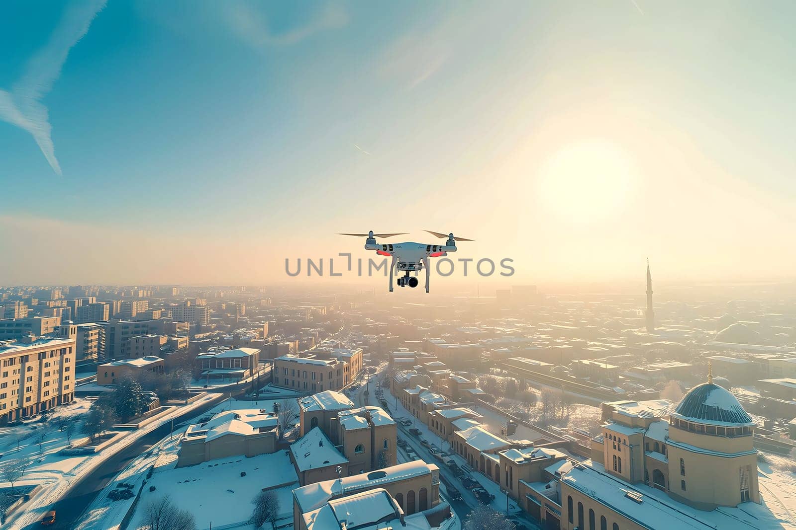Flying drone above the city at snowy winter morning. Neural network generated image. Not based on any actual scene or pattern.