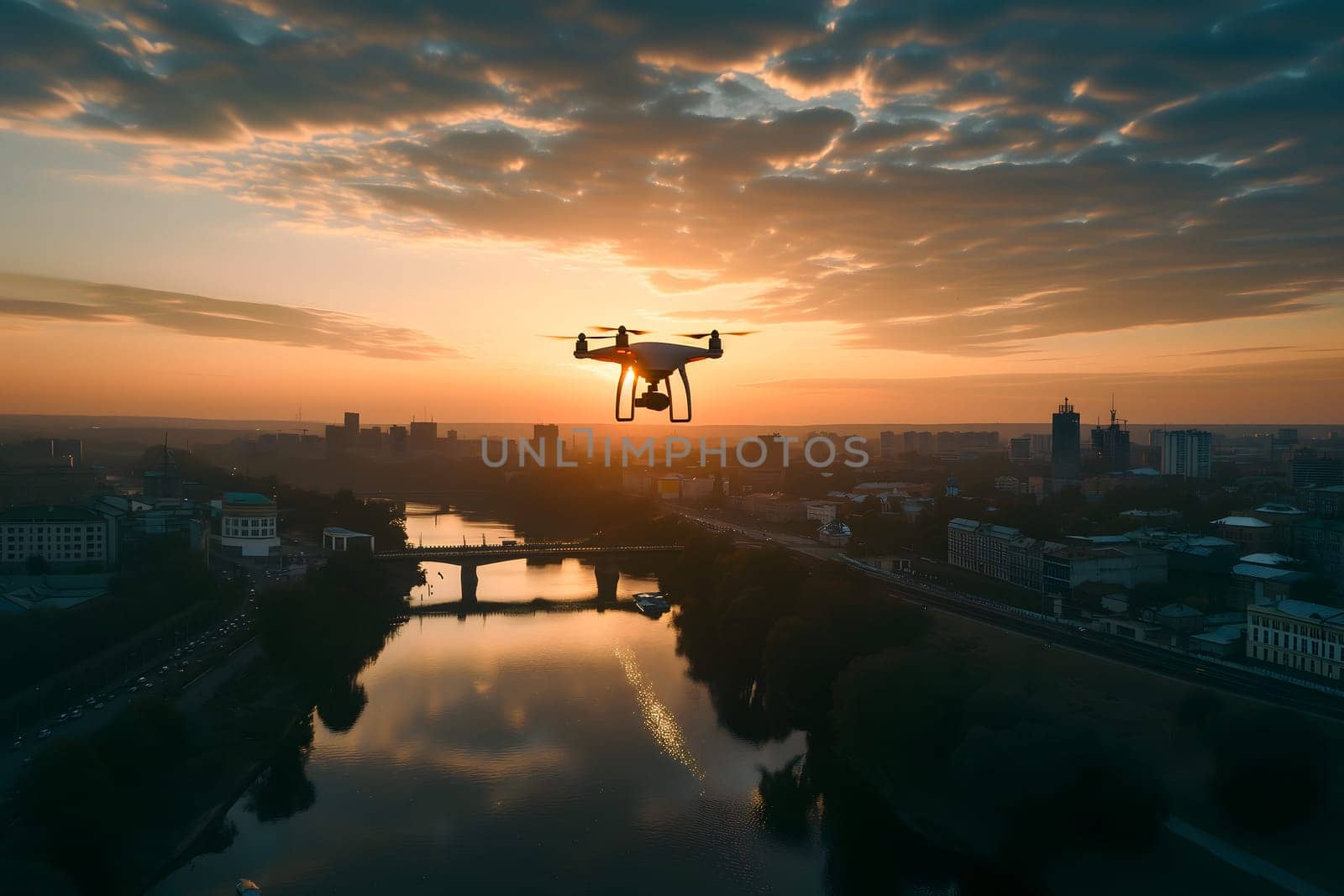 Flying drone above the city river at summer morning. Neural network generated image. Not based on any actual scene or pattern.