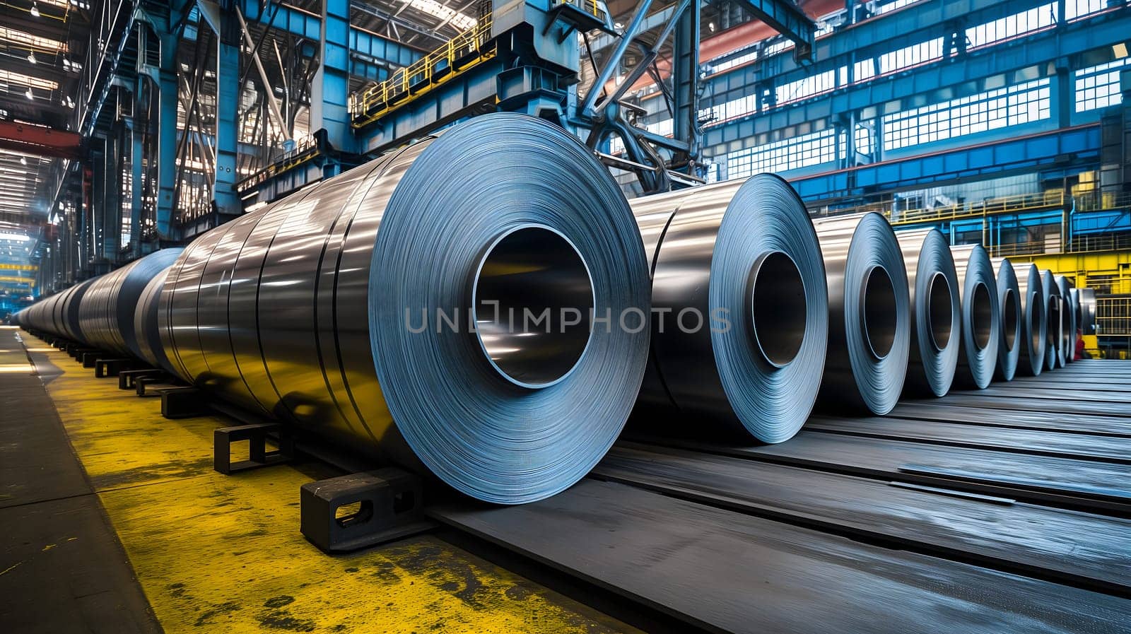 Packed rolls of steel sheet, Cold rolled steel coils in a warehouse. Neural network generated image. Not based on any actual person or scene.