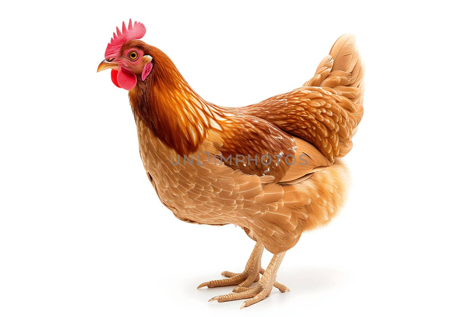 Chicken hen on white background. Neural network generated image. Not based on any actual scene or pattern.