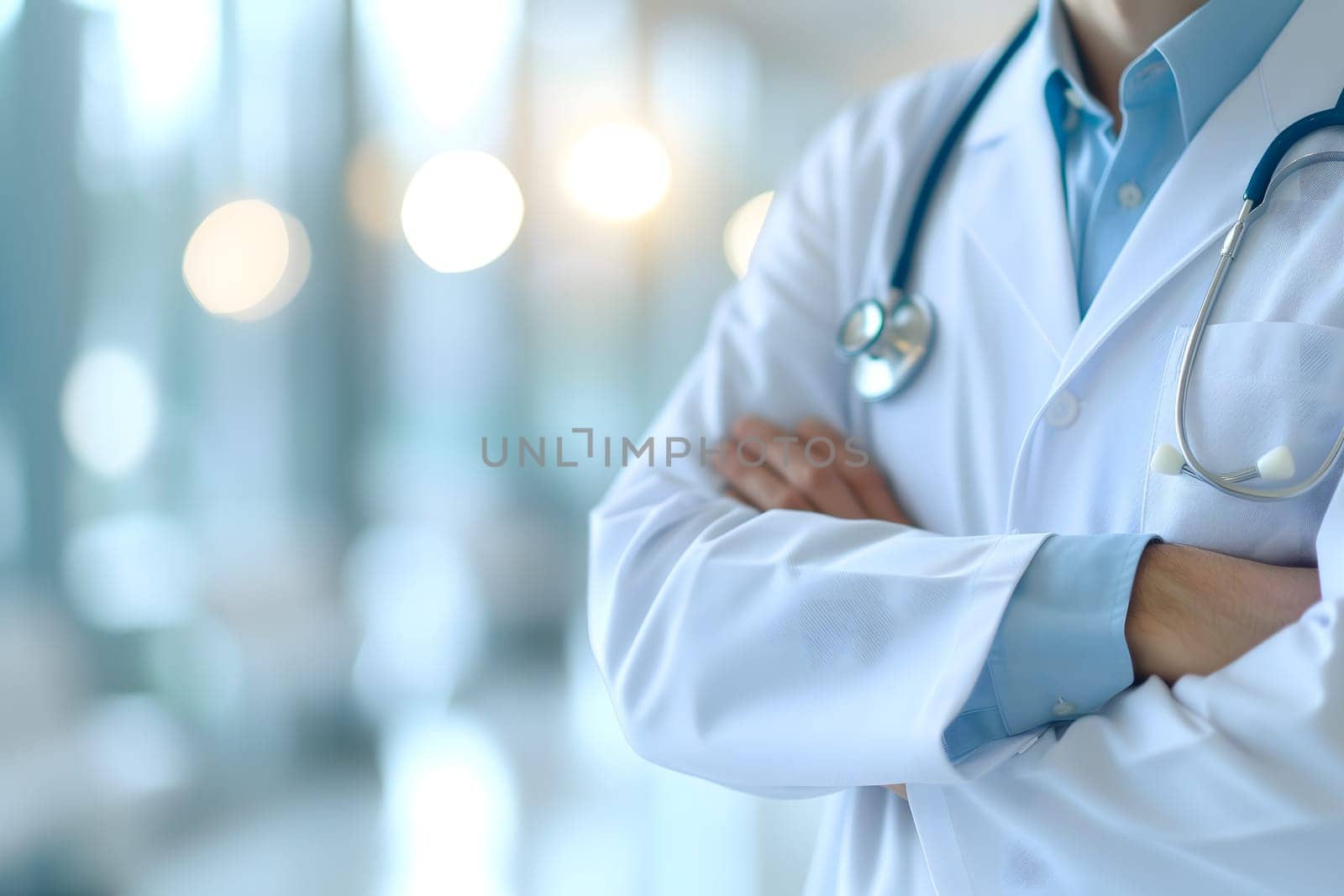 Abstract Medical Doctor, Symbolizing Compassion and Expertise asymmetrical composition with copy space. Neural network generated image. Not based on any actual scene or pattern.