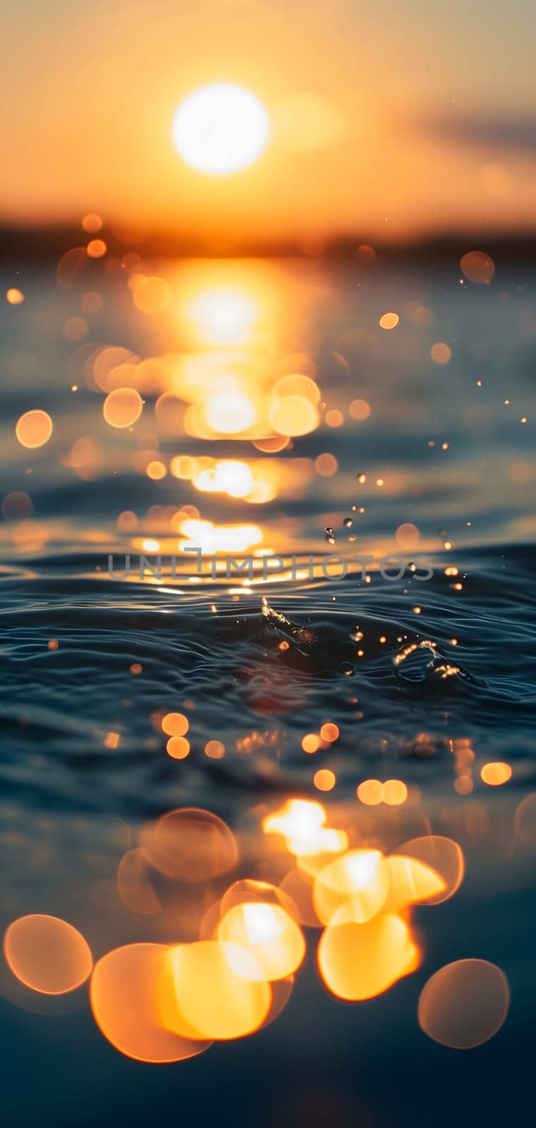 Sunset bokeh on water: golden sky over a body of water, with the light reflecting and creating a bokeh effect.. Neural network generated image. Not based on any actual scene or pattern.