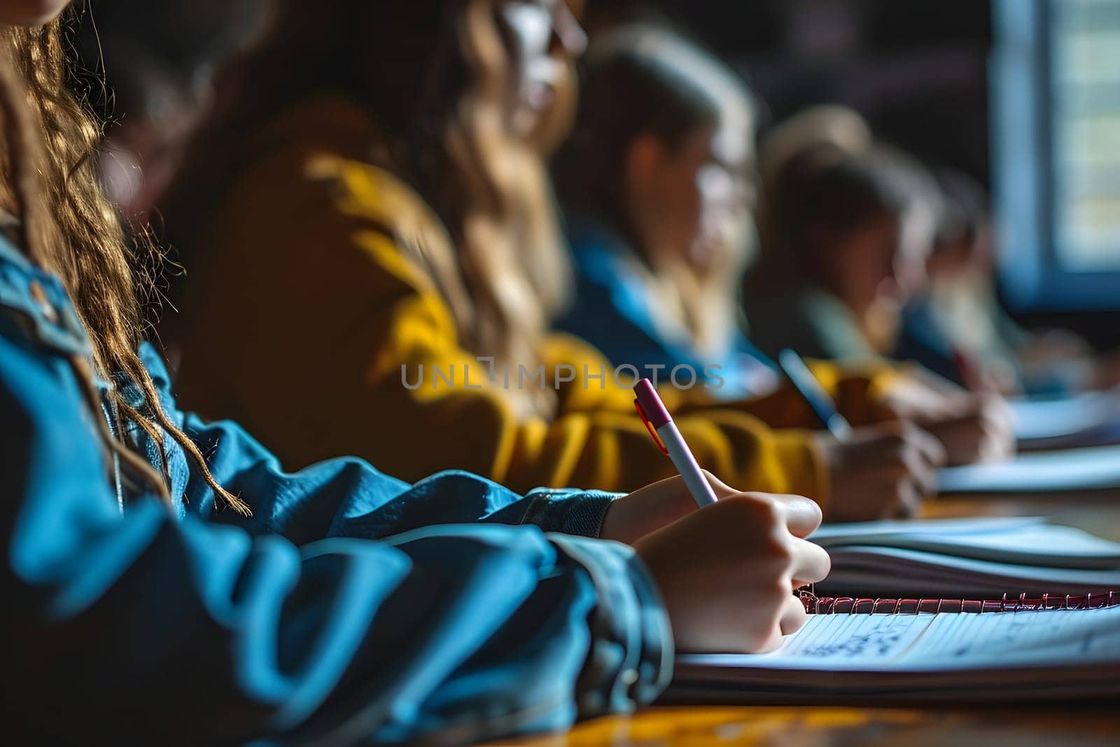 Close up, concept of students studying in a classroom lecture. Neural network generated image. Not based on any actual scene or pattern.
