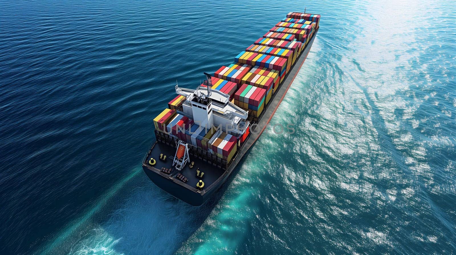 Cargo ship full of standard shipping containers at the sea during shipping at day time. Neural network generated image. Not based on any actual scene or pattern.