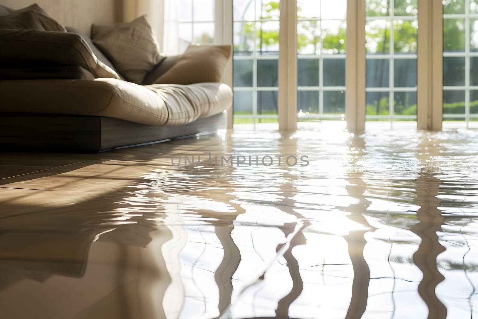 Home Floor Flooded, Showcasing Water Damage And Potential Issues. Neural network generated image. Not based on any actual scene or pattern.