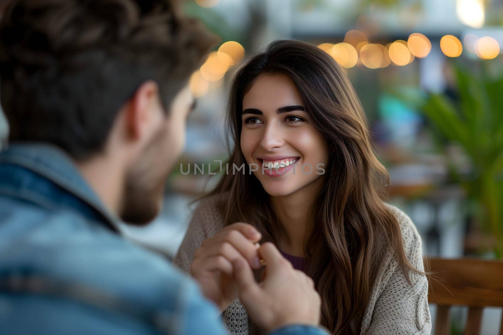 Smiling young adult woman dating with young adult man at the restaurant. Neural network generated image. Not based on any actual scene or pattern.