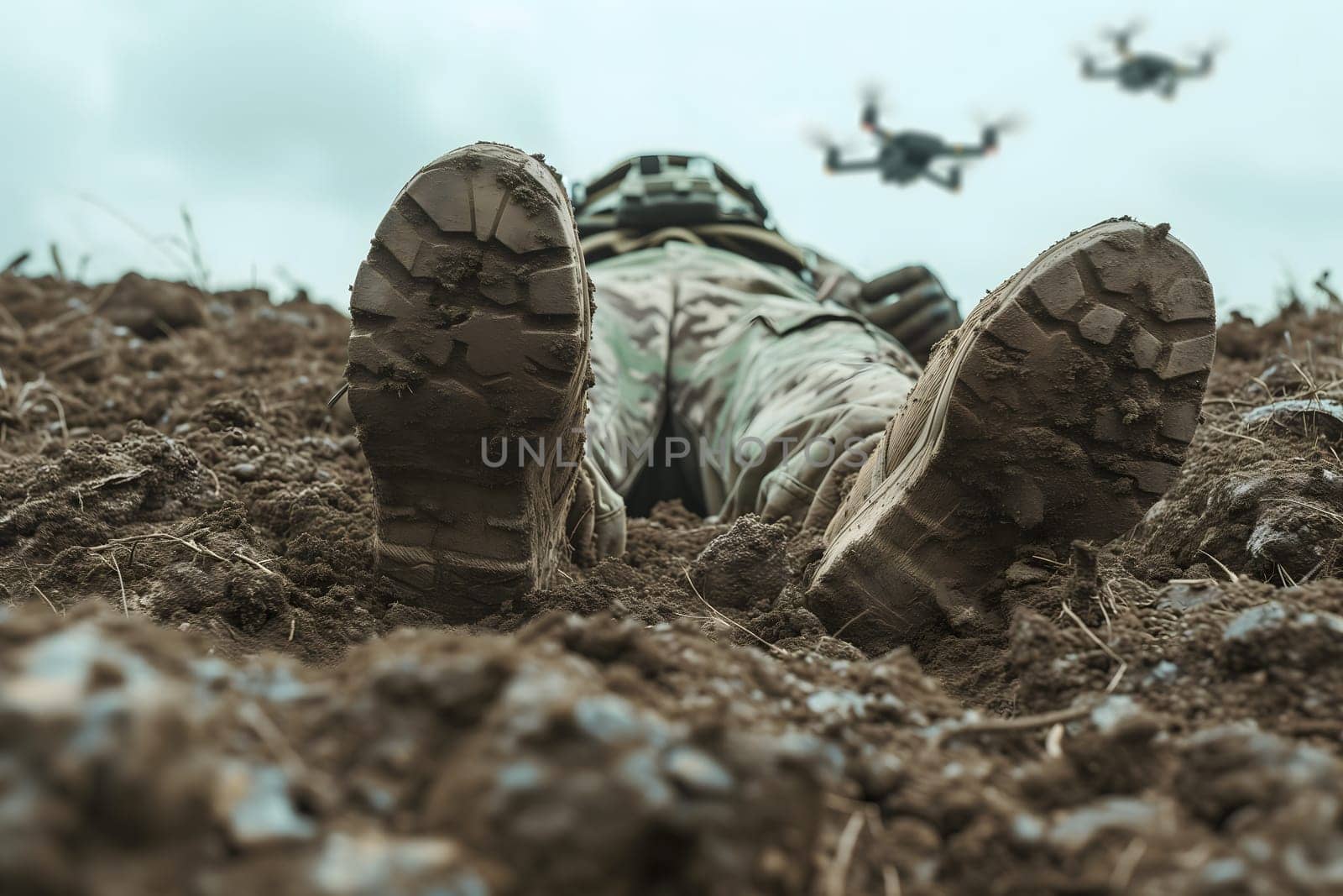 Fallen soldier legs laying on the dirt with flying drones in the sky above. Neural network generated image. Not based on any actual scene or pattern.