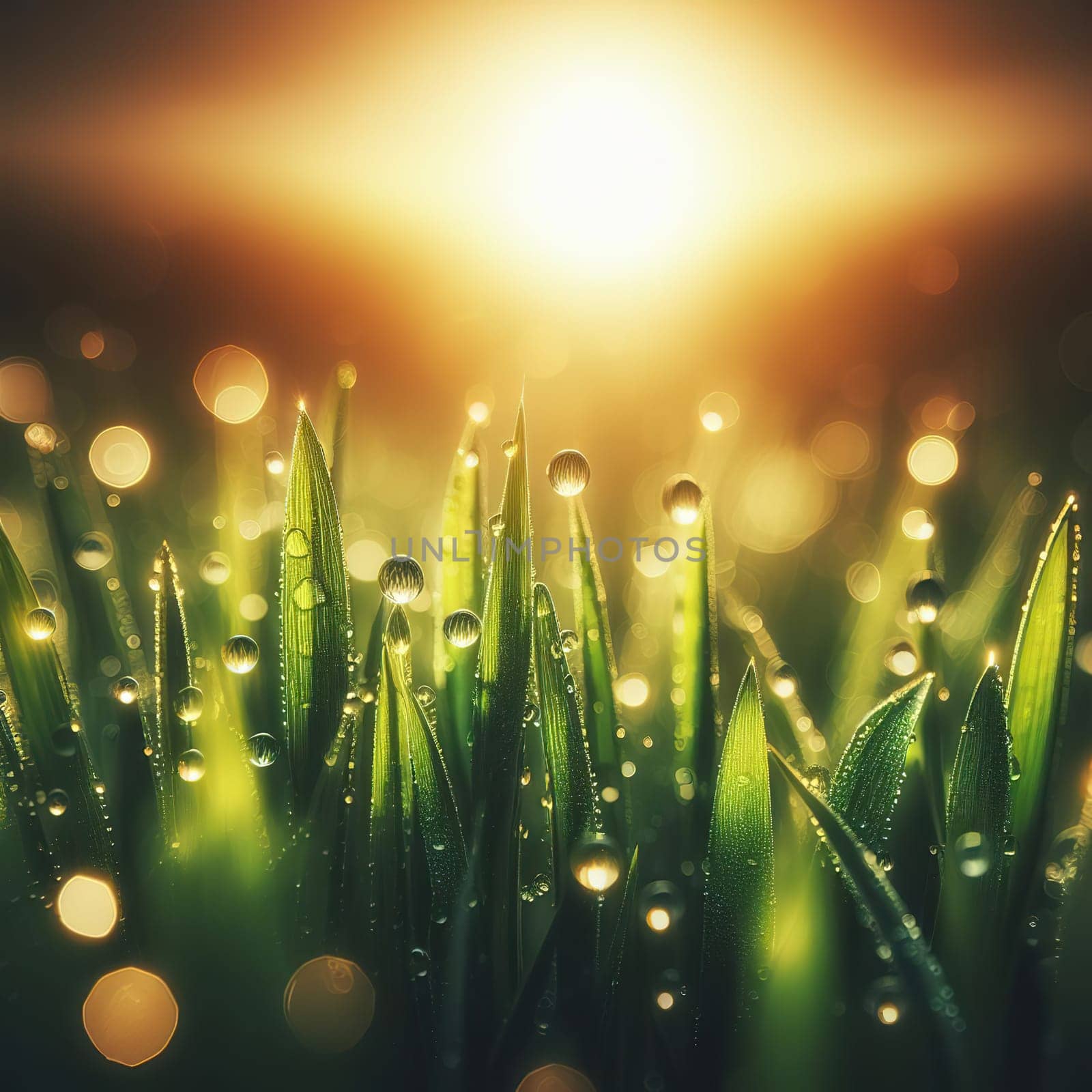 Green grass at the morning, water drops, sunny light. Generative AI.