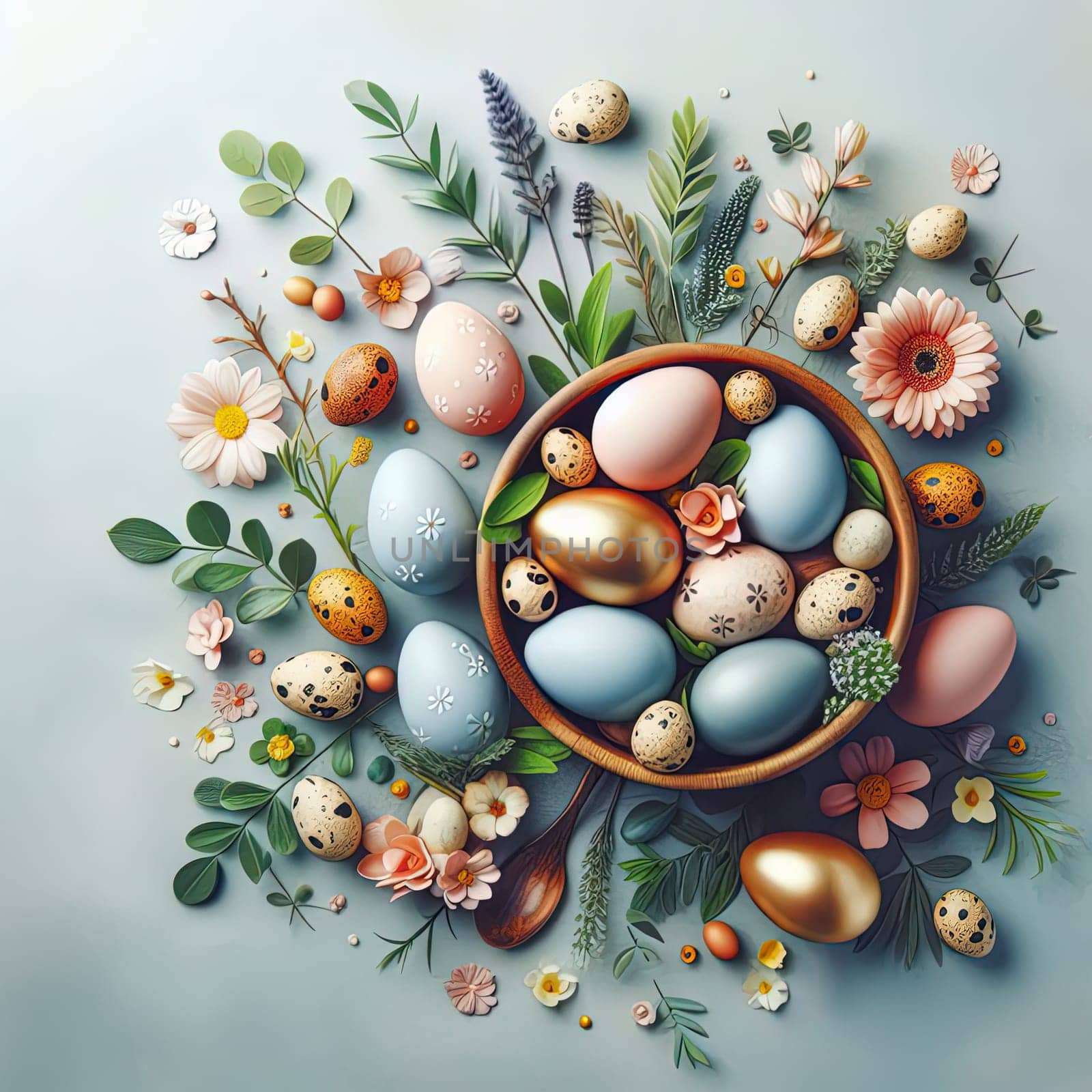 Easter eggs in the meadow. Eastern concept. Generated AI