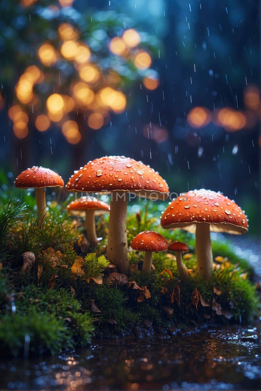 Fantastic wonderland forest landscape with red mushrooms. Generated AI.