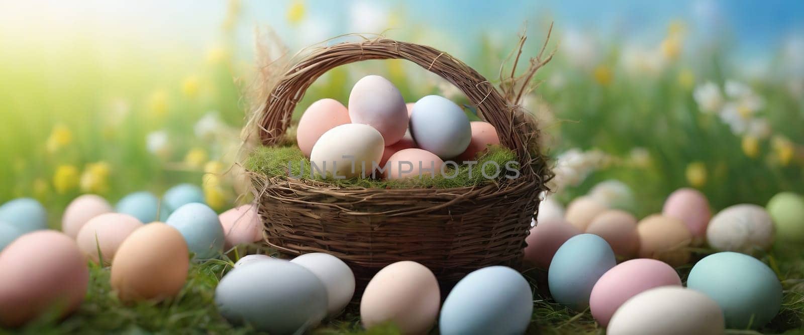 Easter eggs in the meadow. Eastern concept. Generated AI