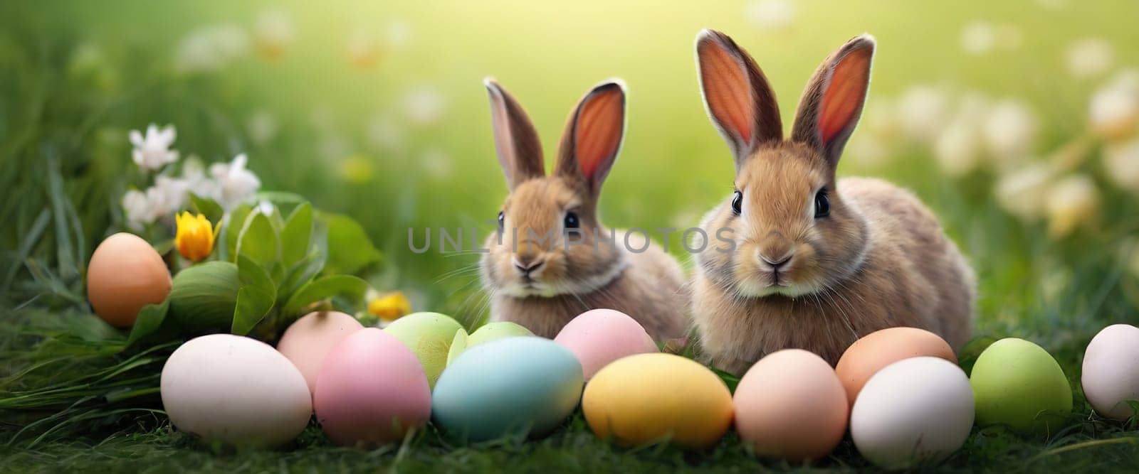 Cute little bunny and easter eggs in the meadow. Eastern concept. Generated AI