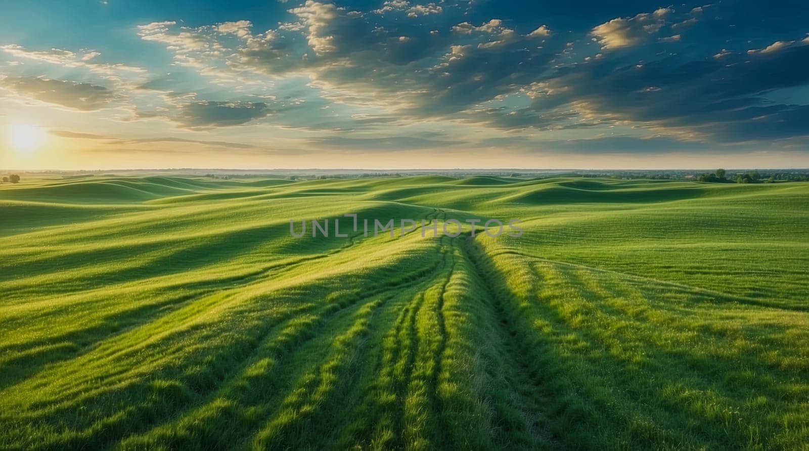 Beautiful environment landscape of green field with sunset sky background. Generated Ai.