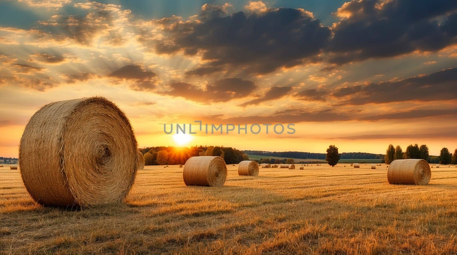 Bales of hay in a golden field country landscape shot during sunrise . A.I. generated.