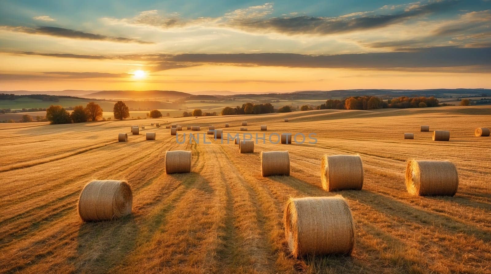 Bales of hay in a golden field country landscape shot during sunrise . A.I. generated.