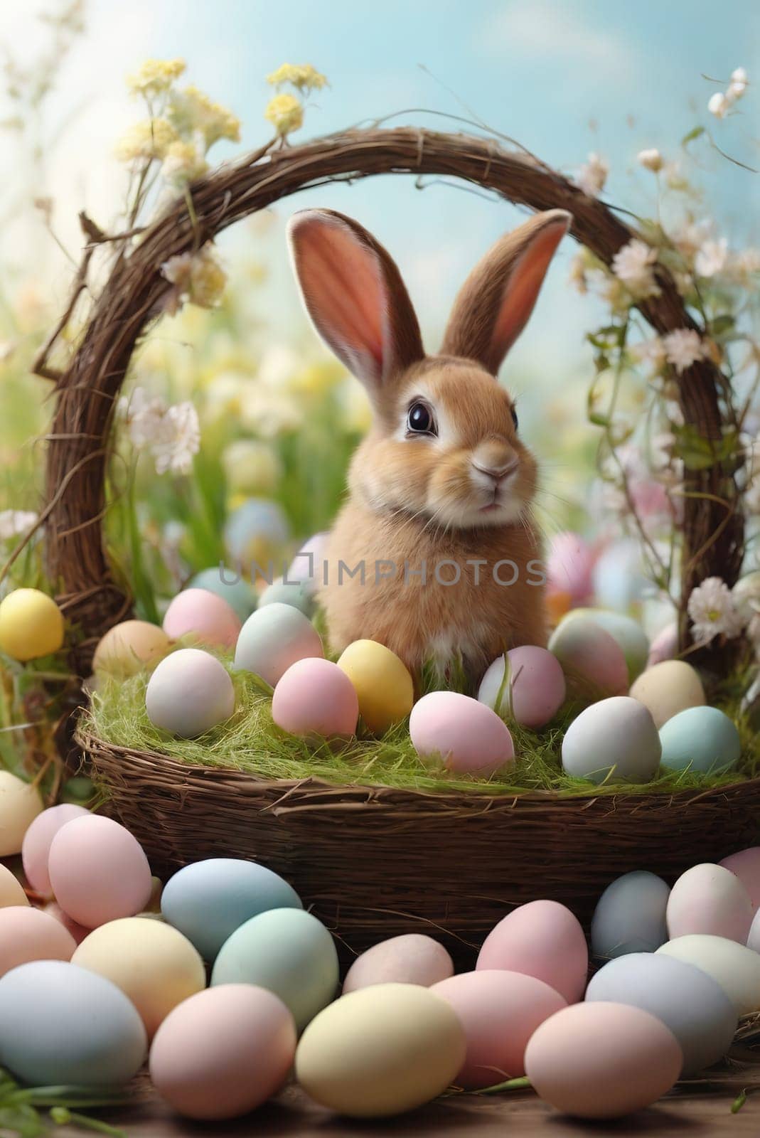 Cute little bunny and easter eggs in the meadow. Eastern concept. Generated AI