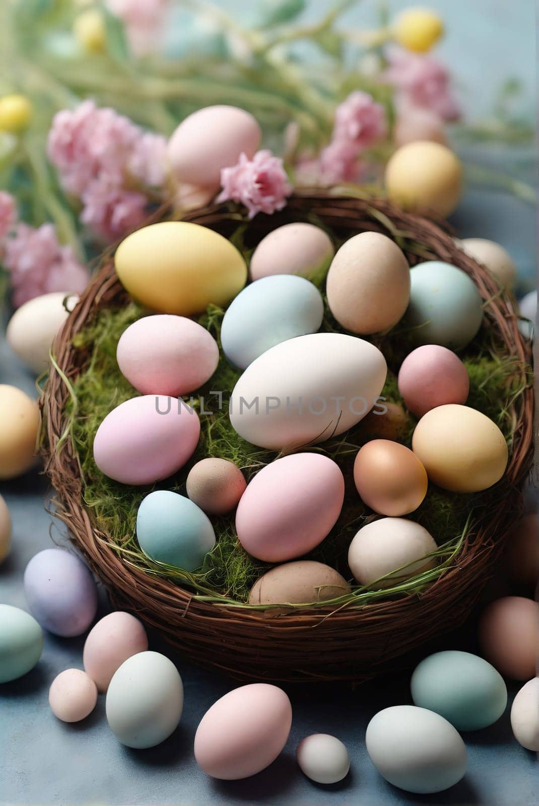 Easter eggs in the meadow. Eastern concept. Generated AI