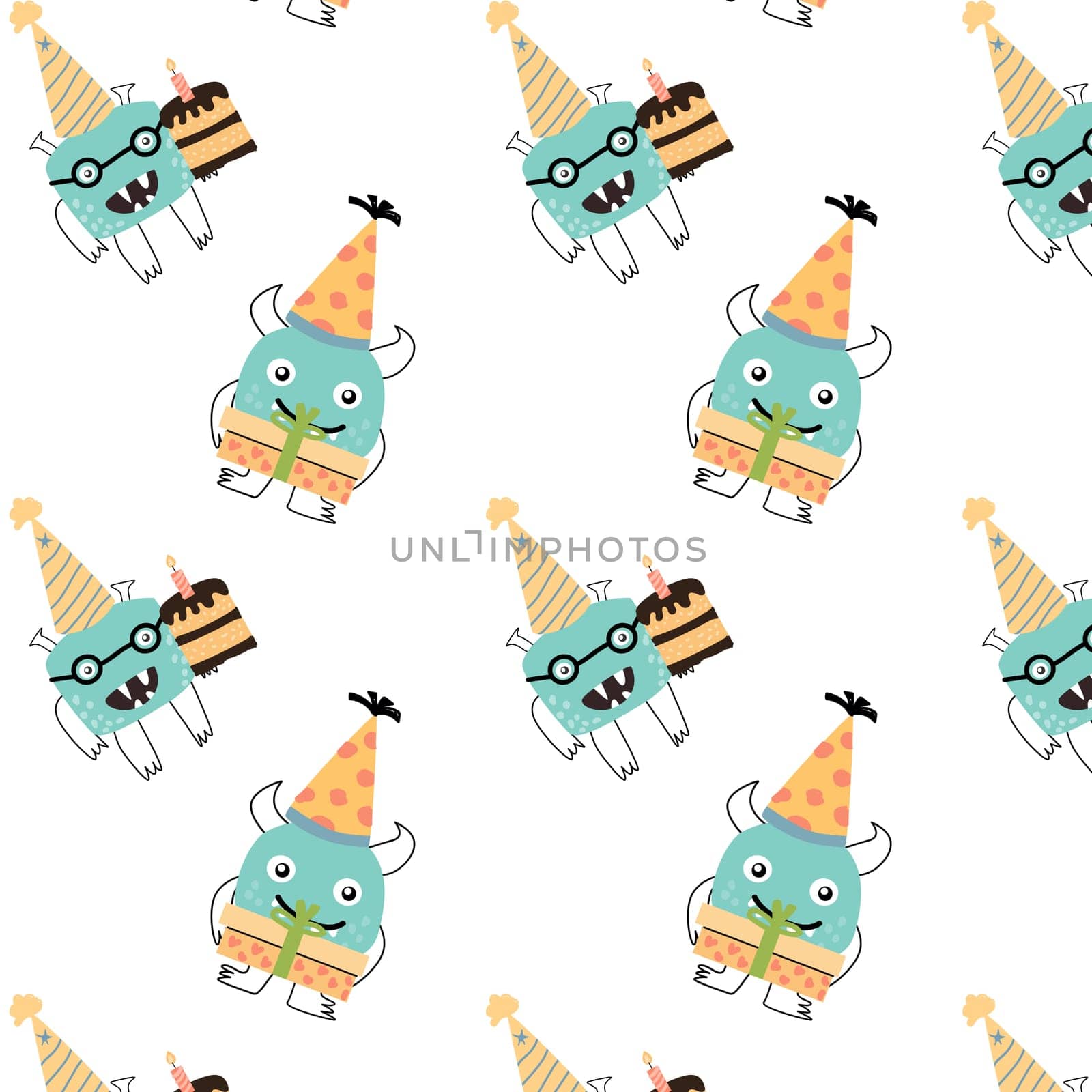 cute tiny monster and cake - birthday pattern. Vector illustration can used for wrapping, scrapping, textile, decor, wallpaper, clothes print, cover design, posters and banners.