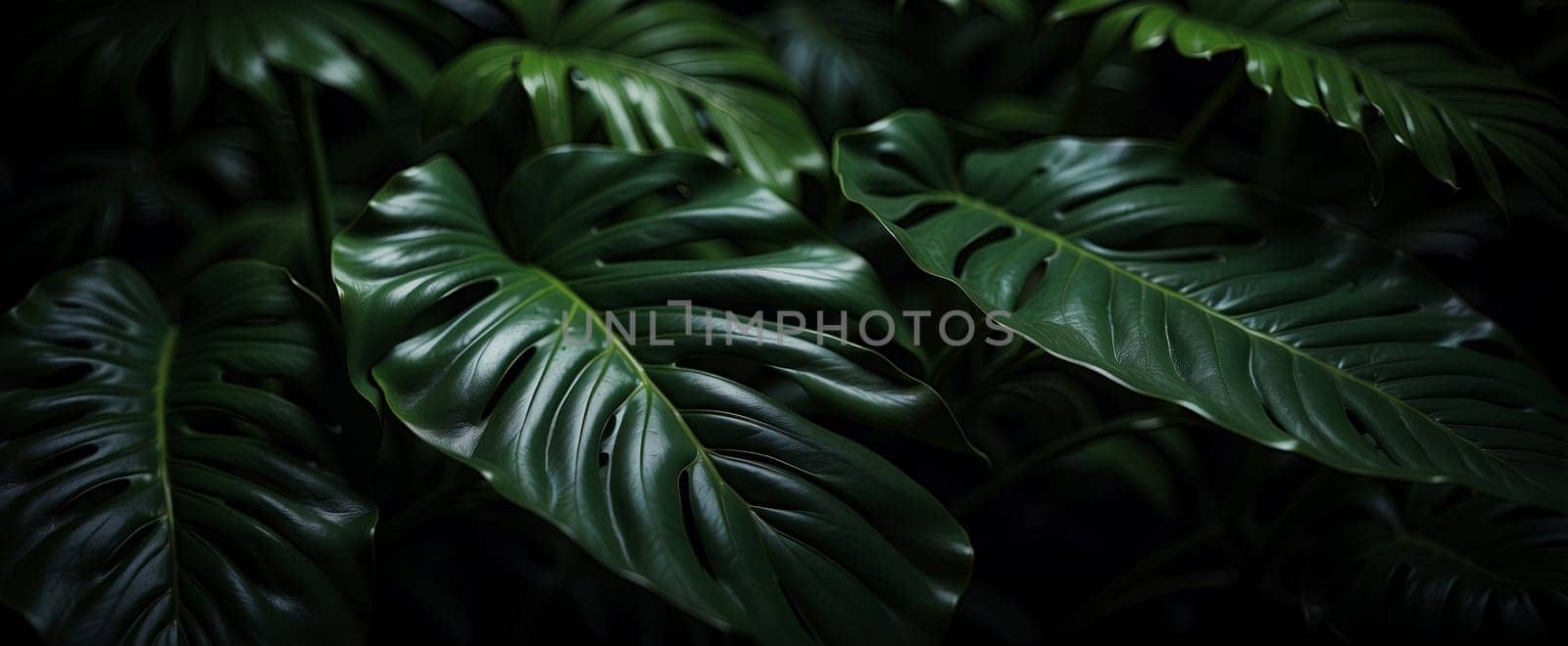 Dark botanical background from green big smooth leaves, green tropical. Generative AI