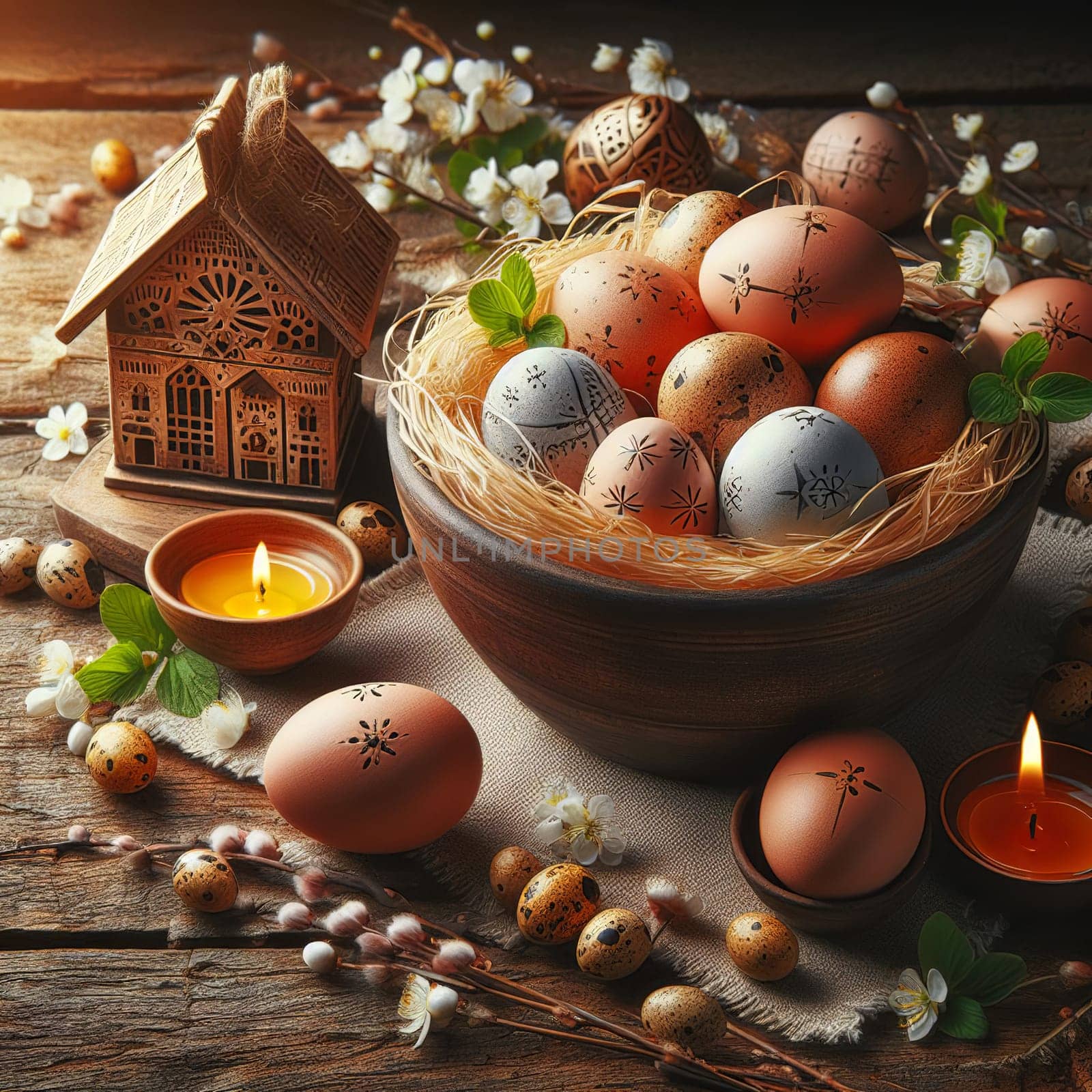 Easter eggs in the meadow. Eastern concept. Generated AI