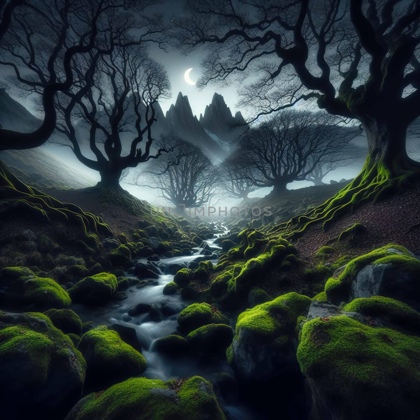 Beautiful green forest, dark mode tones, long exposure picture, small river. Generated AI