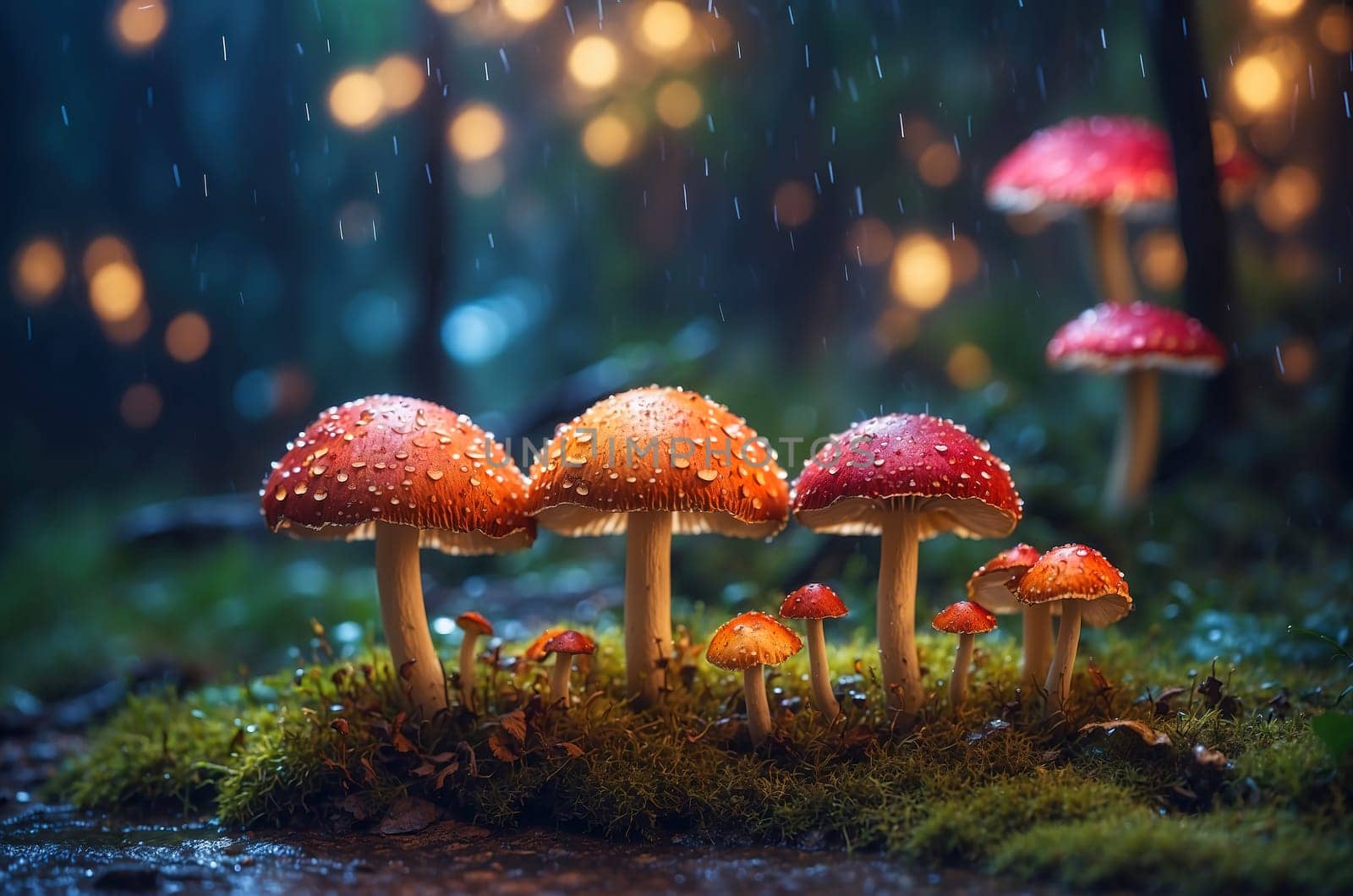 Fantastic wonderland forest landscape with red mushrooms. Generated AI.