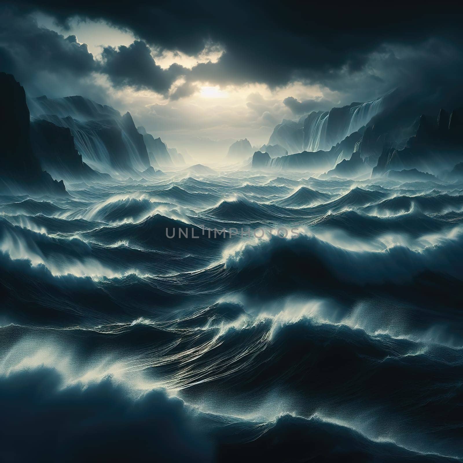 Stormy sea at night. Heavy sea. A strong storm with big waves in the ocean. Night thunderstorm. Generative AI.