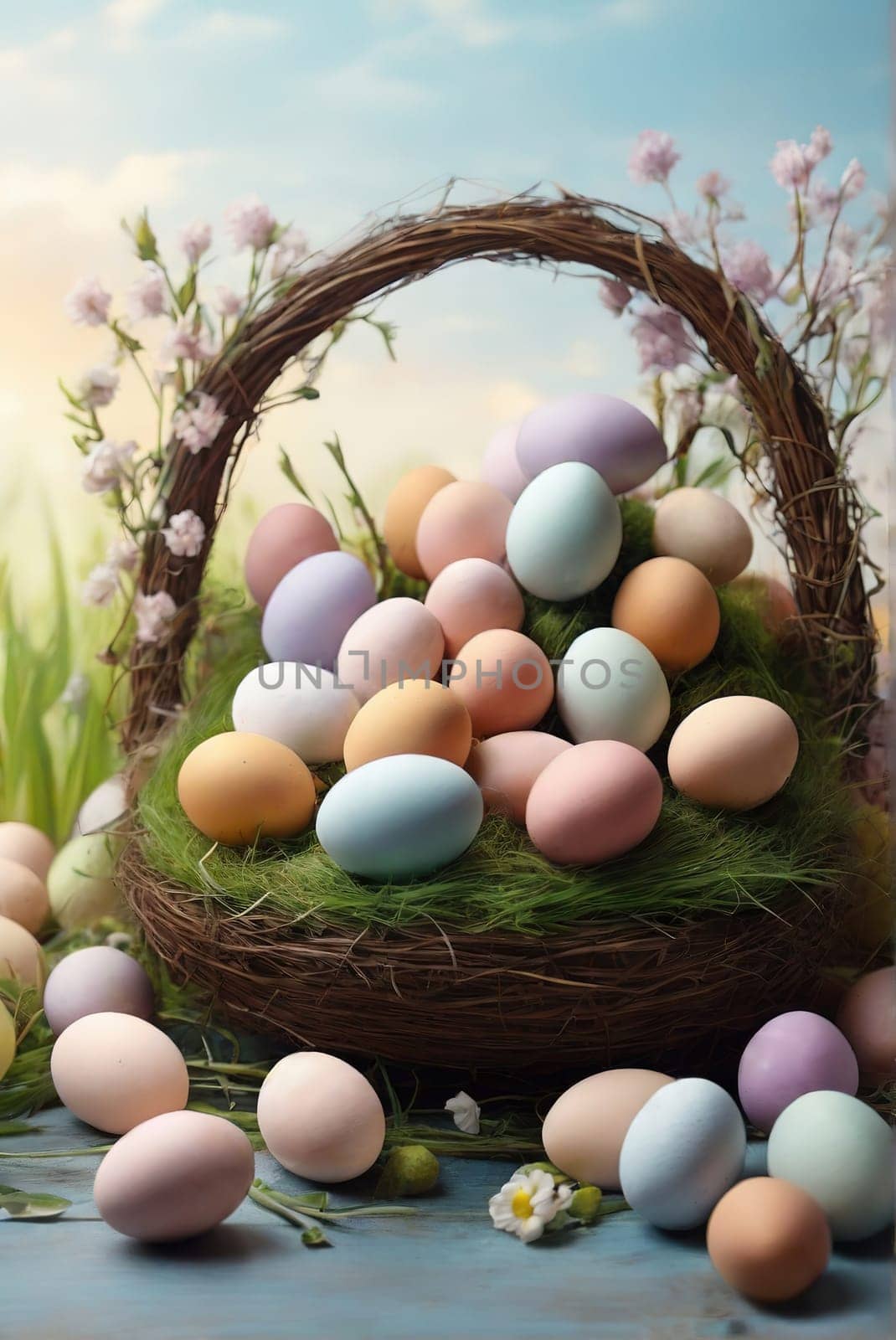 Easter eggs in the meadow. Eastern concept. Generated AI