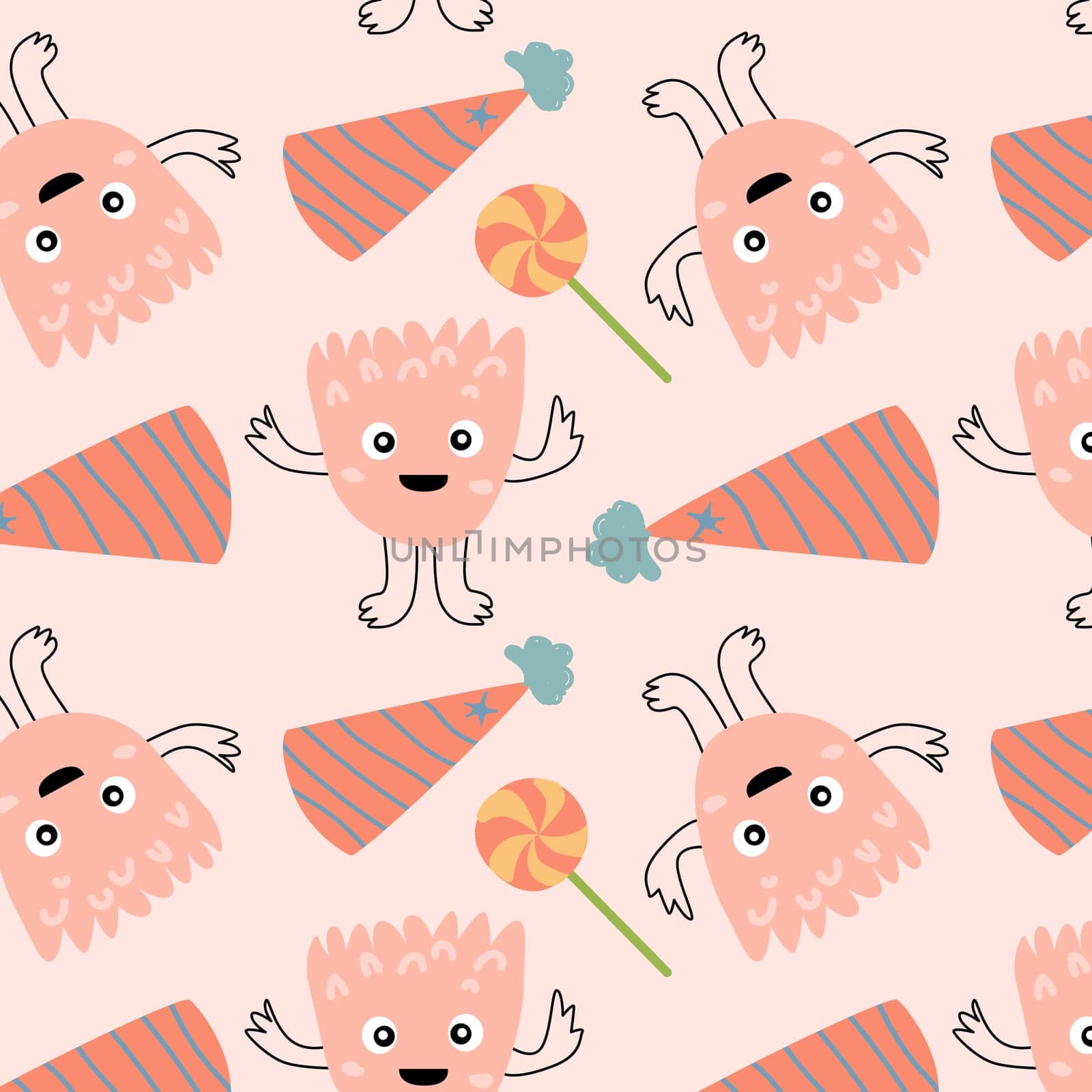 cute monster and birthday cap seamless pattern. Vector illustration can used for wrapping, scrapping, textile, decor, wallpaper, clothes print, cover design, posters and banners.
