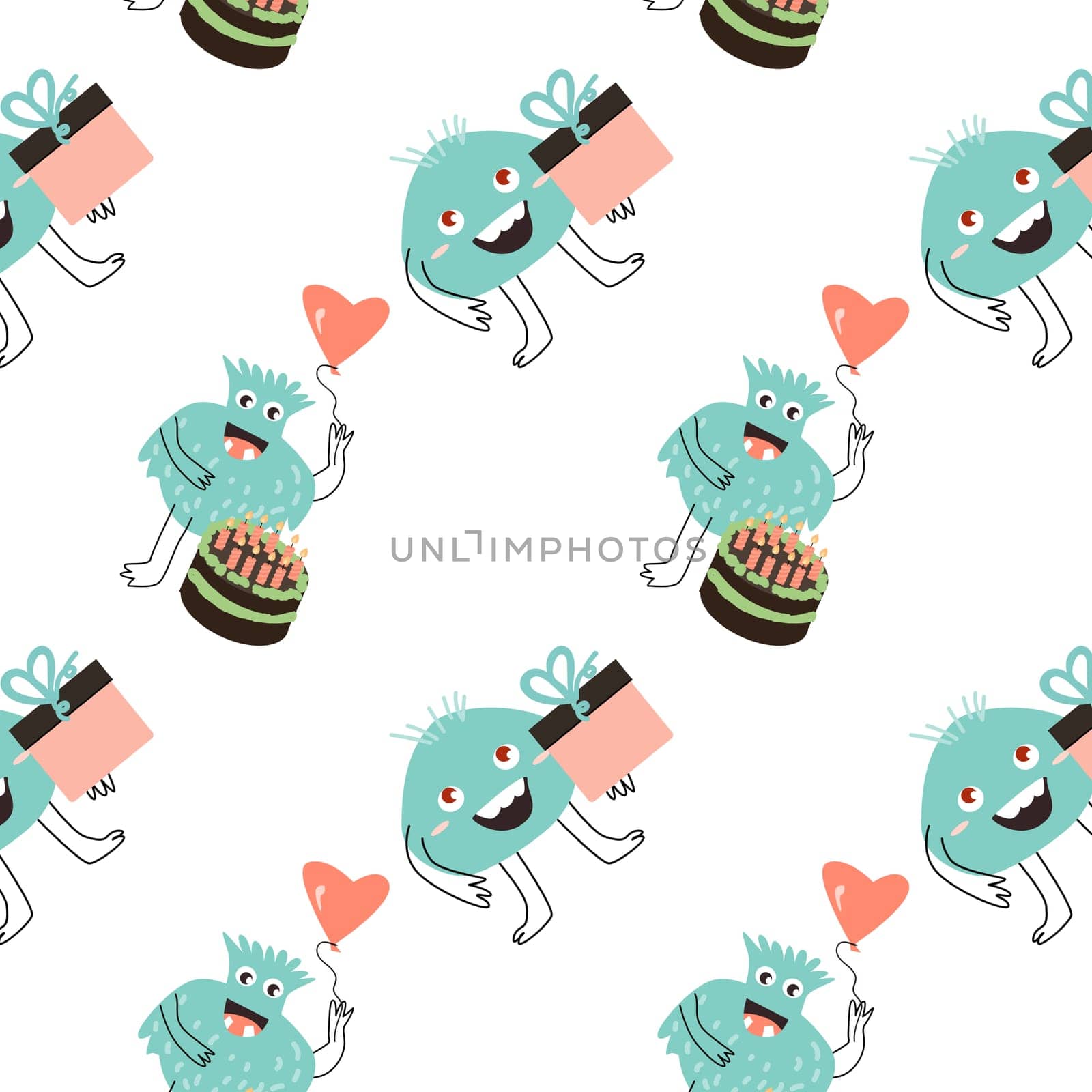blue monster and cake holiday wrapping pattern. Vector illustration can used for wrapping, scrapping, textile, decor, wallpaper, clothes print, cover design, posters and banners.