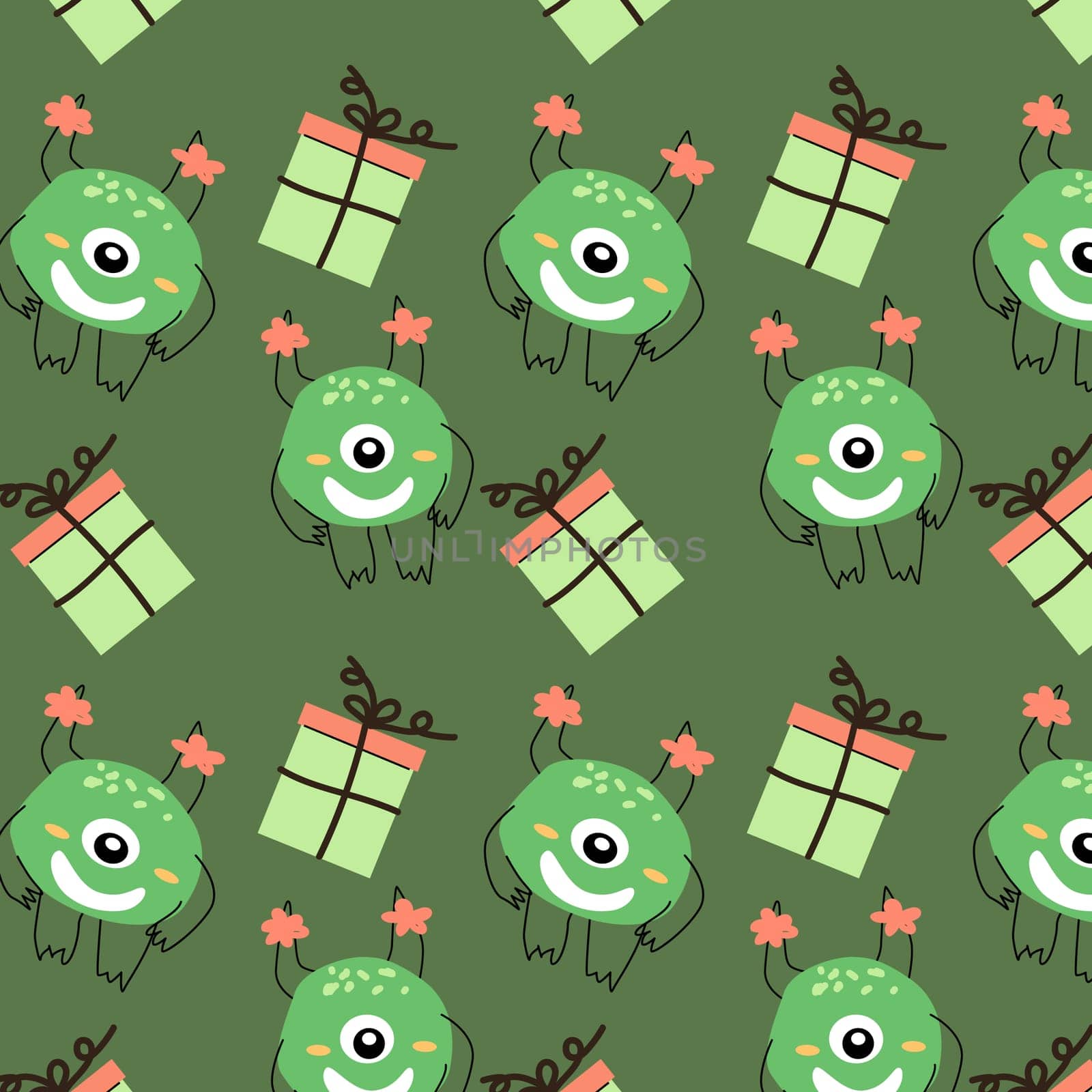 cute monster and box holiday seamless pattern. Vector illustration can used for wrapping, scrapping, textile, decor, wallpaper, clothes print, cover design, posters and banners.