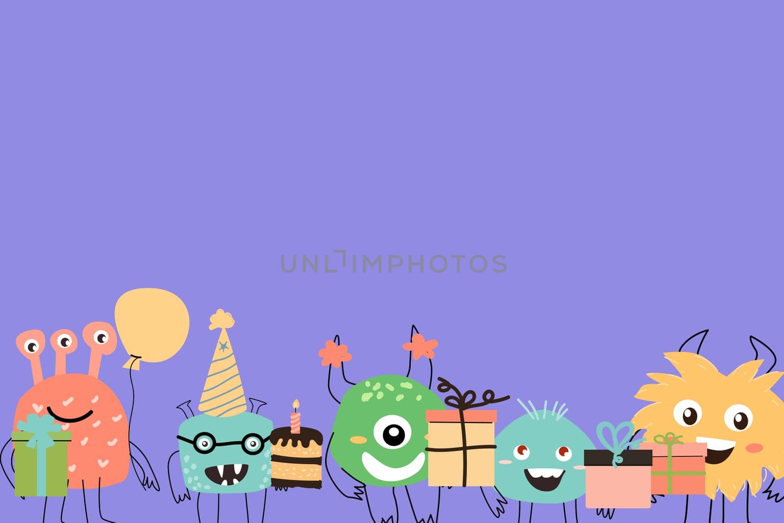 Celebration holiday cute monster background with copy space. Vector illustration of cute doodle characters for invitation design, menu background, greeting card.