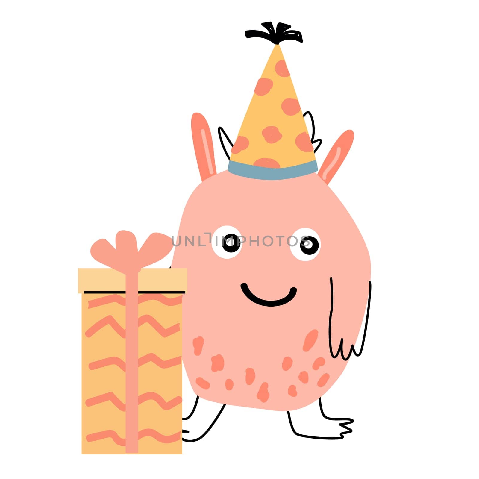 Doodle monster with gift box for celebration design. Vector illustration of cute doodle characters for invitation design, menu background, greeting card.