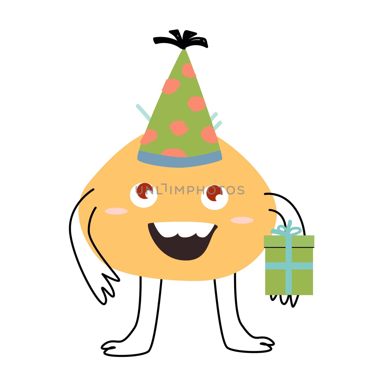 Celebration birthday cute monster with box. Vector illustration of cute doodle characters for invitation design, menu background, greeting card.