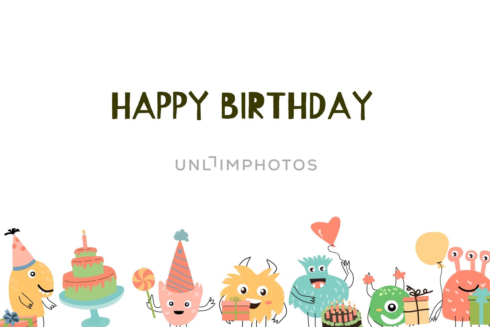 Celebration birthday cute monster background - card template. Vector illustration of cute doodle characters for invitation design, menu background, greeting card.