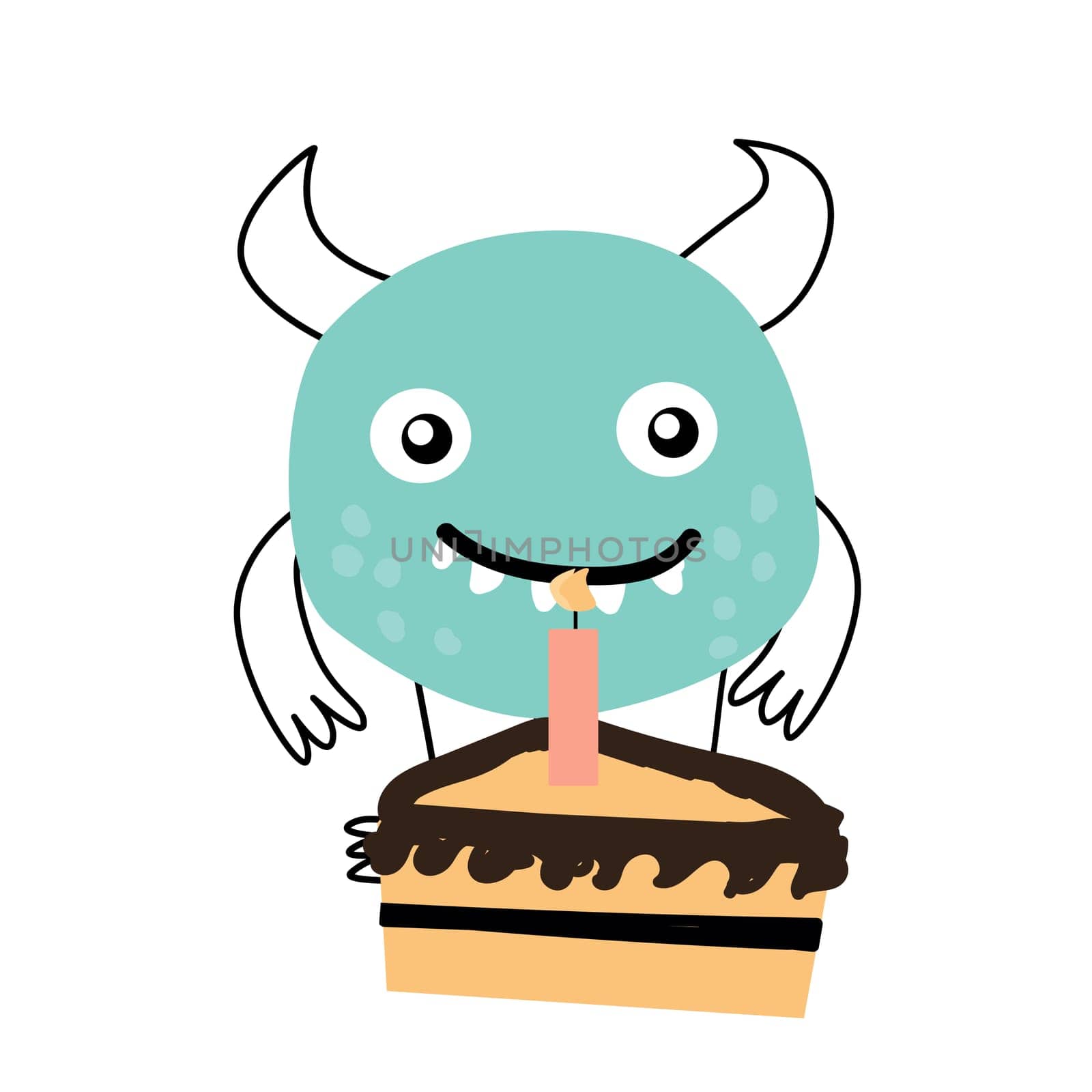 Celebration birthday blue monster with cake. Vector illustration of cute doodle characters for invitation design, menu background, greeting card.