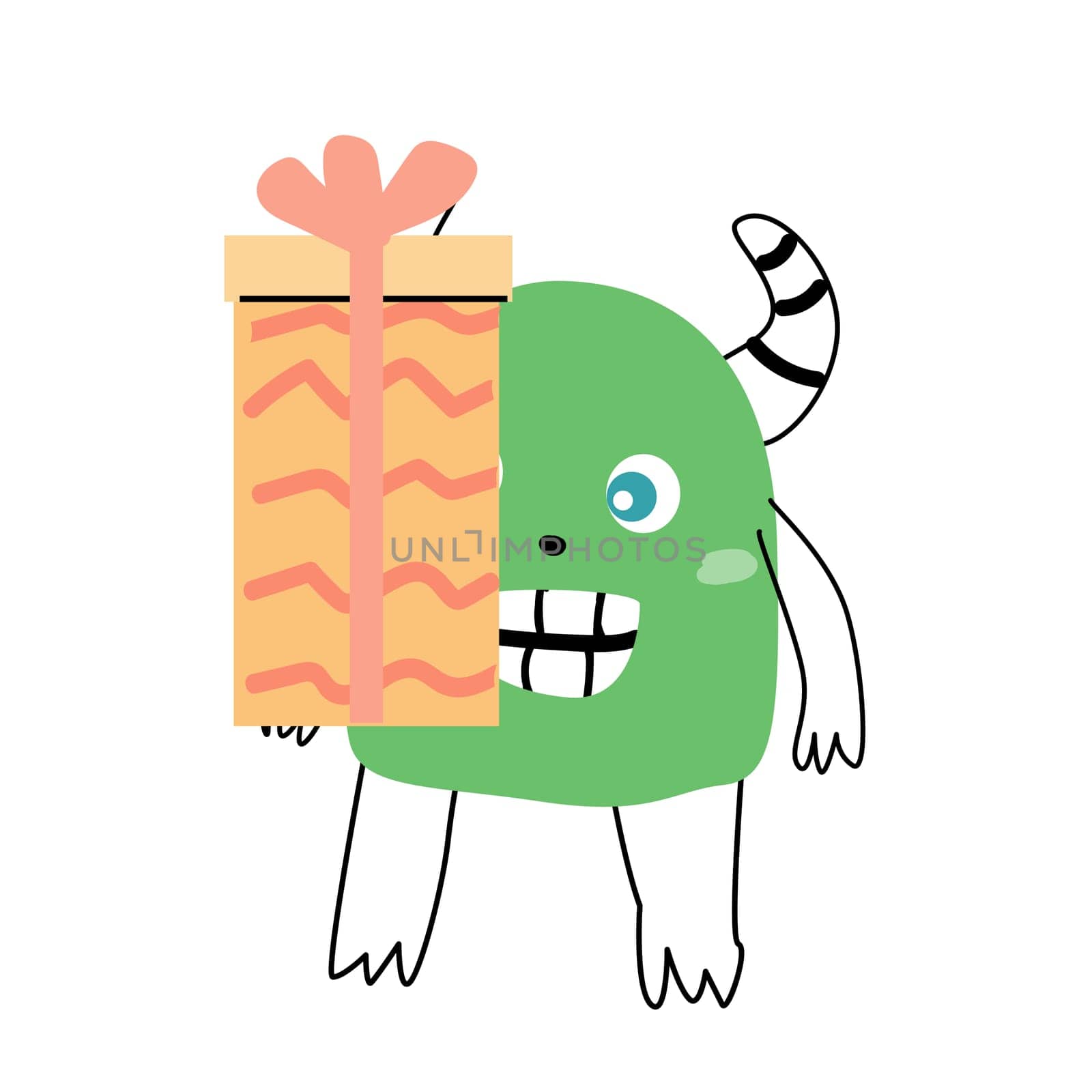 Green monster baby character with gift box. Vector illustration can used for banner, baby birthday background, greeting card, poster for interior. Cute alien or monster with balloon or gift, or cake