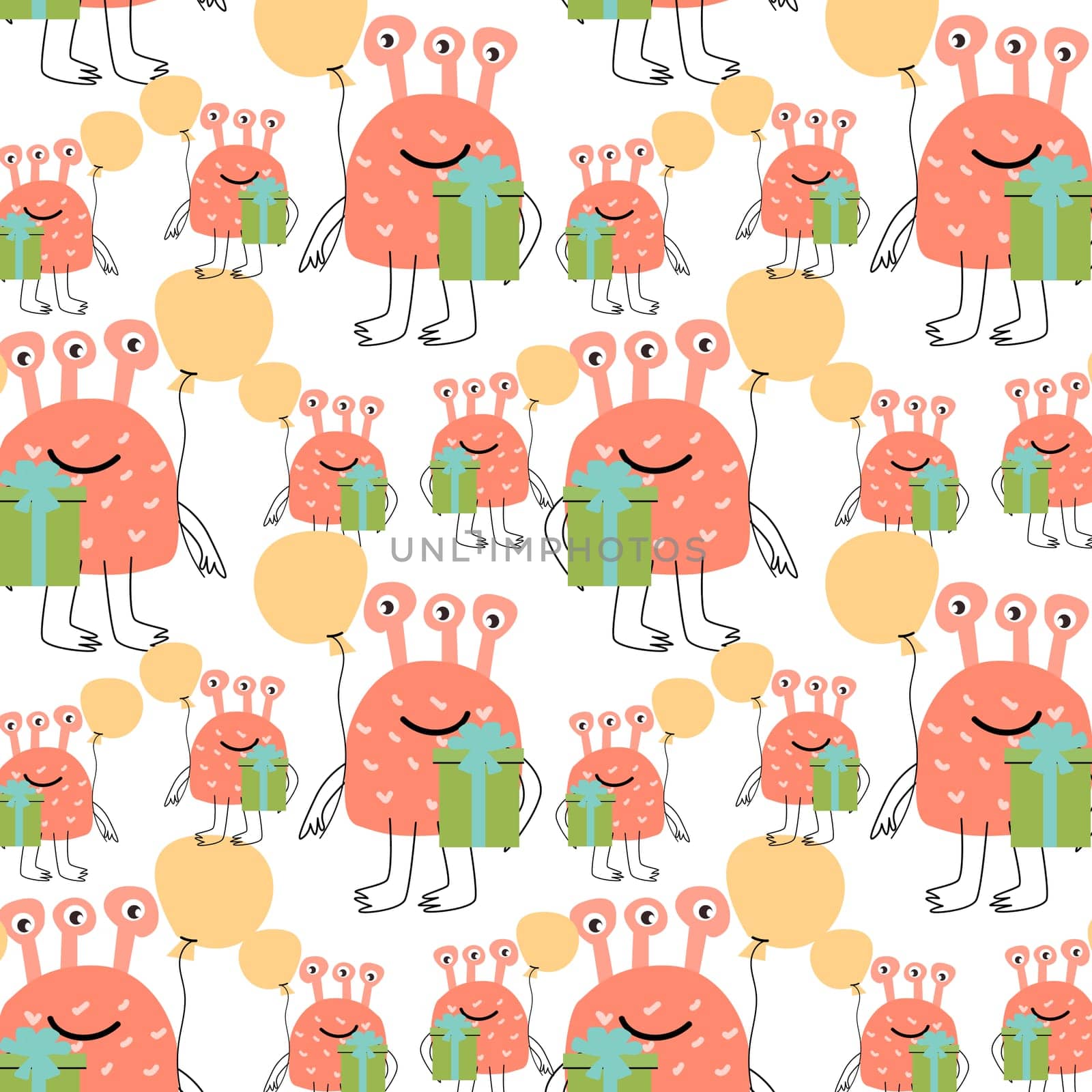 cute monster and present box seamless pattern. Vector illustration can used for wrapping, scrapping, textile, decor, wallpaper, clothes print, cover design, posters and banners.