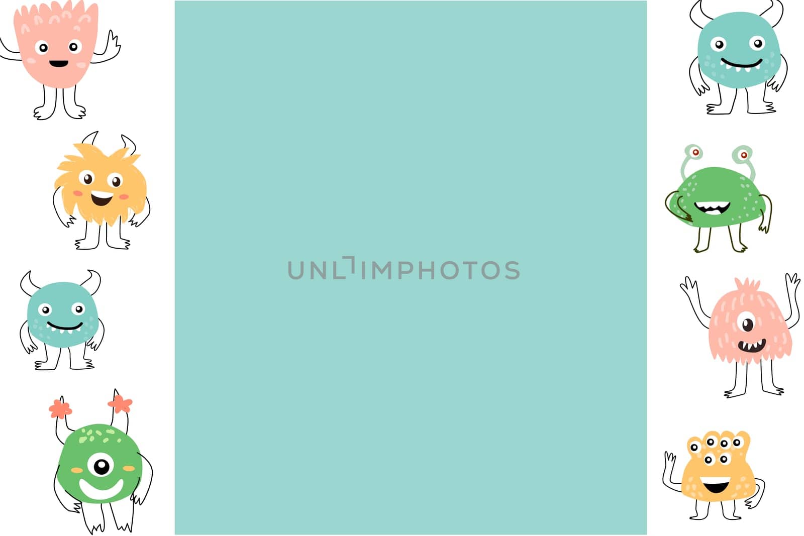 Celebration cute monster background - card template. Vector illustration of cute doodle characters for invitation design, menu background, greeting card.