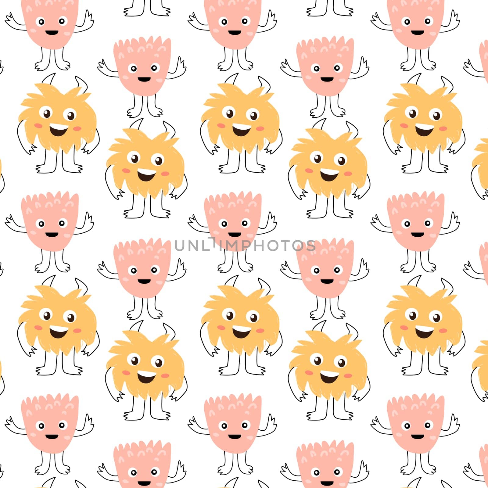 Cute baby pink and yellow monsters seamless pattern with doodle graphic. Vector illustration can used for baby textile, fabric design, infant or newborn print for t-shirt and other clothes.