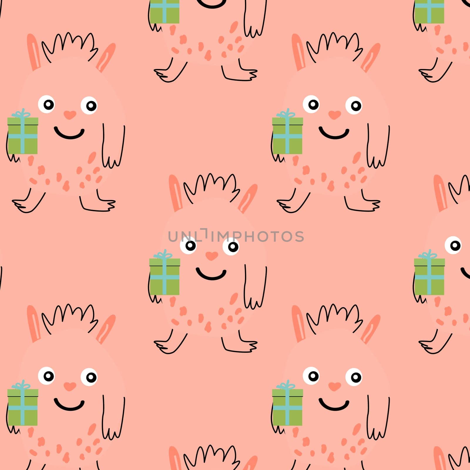 birthday pink monster background in doodle style. Vector illustration can used for wrapping, scrapping, textile, decor, wallpaper, clothes print, cover design, posters and banners.
