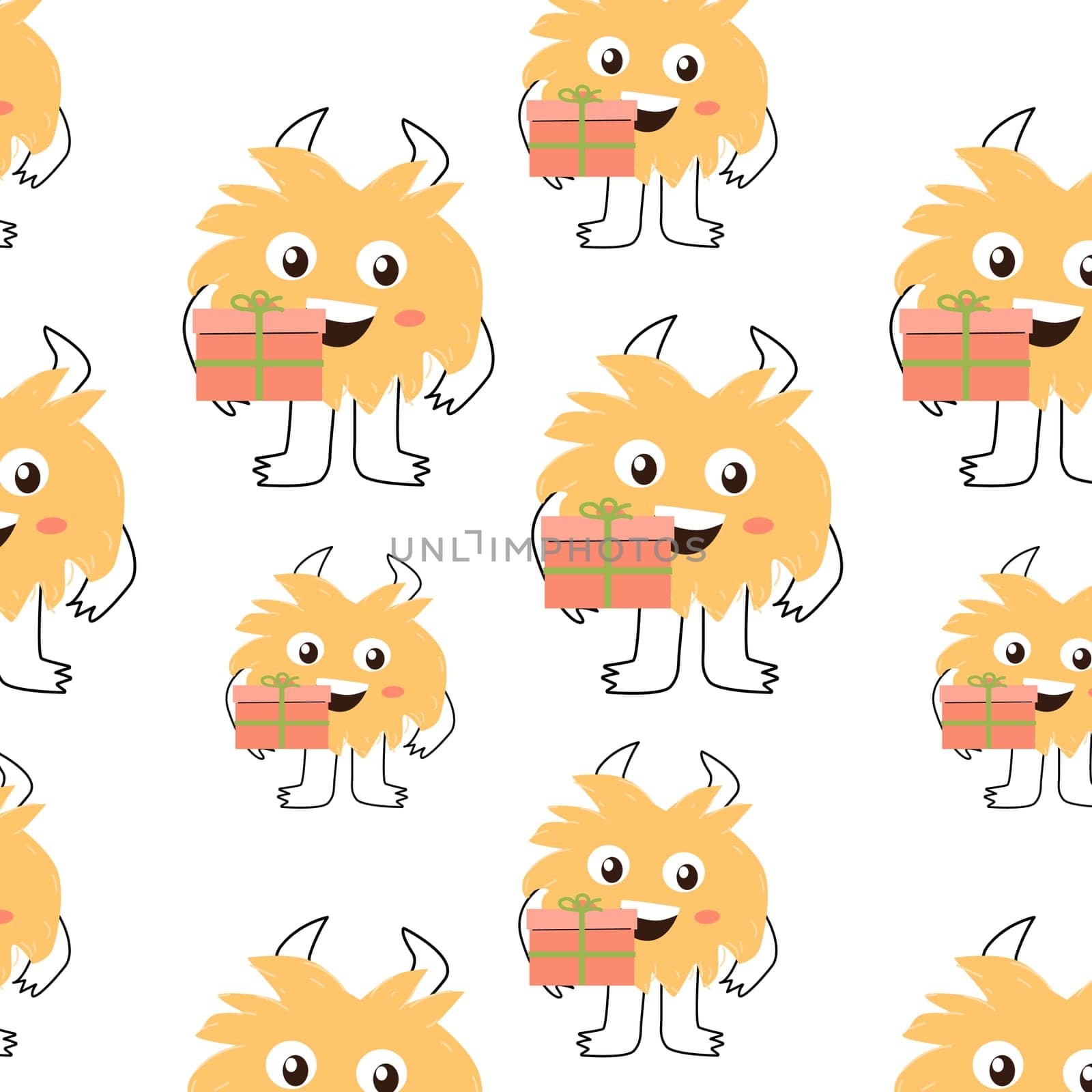 cute monster and box seamless background. Vector illustration can used for wrapping, scrapping, textile, decor, wallpaper, clothes print, cover design, posters and banners.