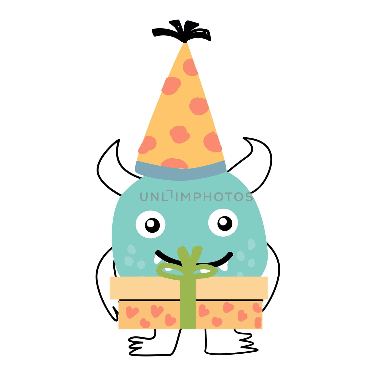 birthday card of monster with gift box and cap. Vector illustration can used for banner, baby birthday background, greeting card, poster for interior. Cute alien or monster with balloon or gift, or cake