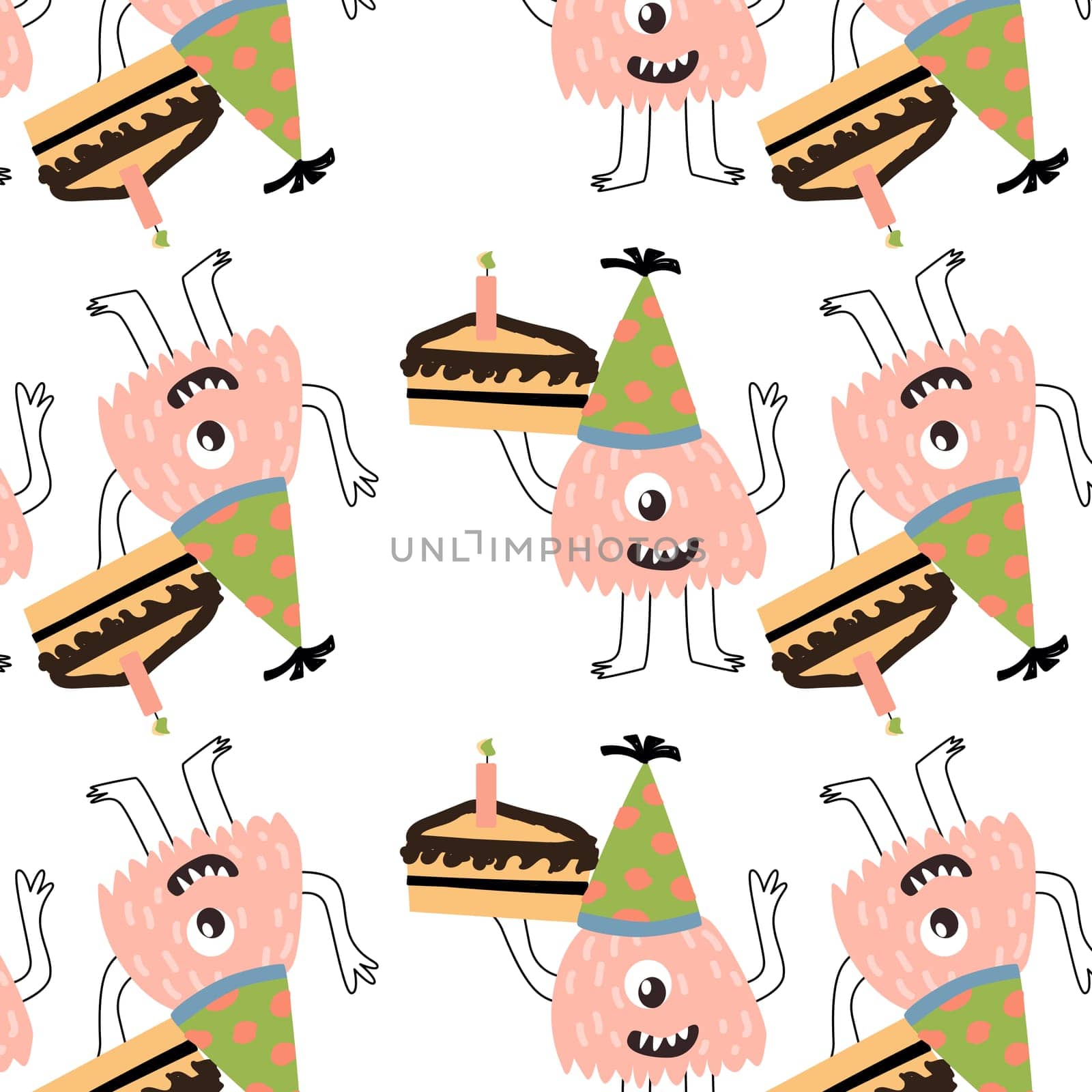 cute monster with cake seamless pattern. Vector illustration can used for wrapping, scrapping, textile, decor, wallpaper, clothes print, cover design, posters and banners.