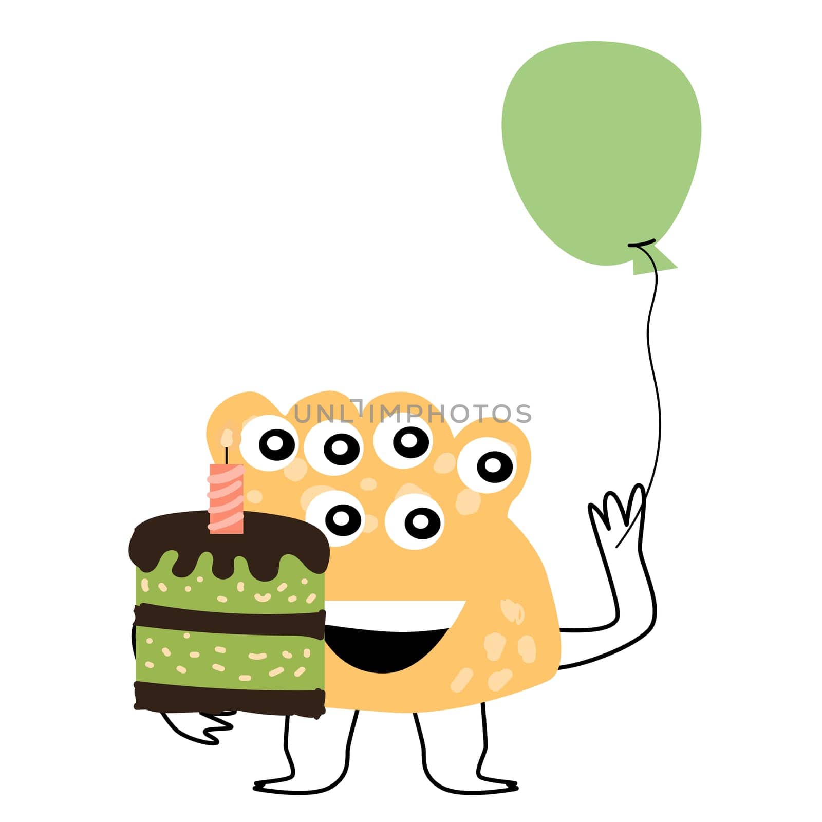 cute yellow monster with baloon and cake for anniversary card. Vector illustration can used for banner, baby birthday background, greeting card, poster for interior.