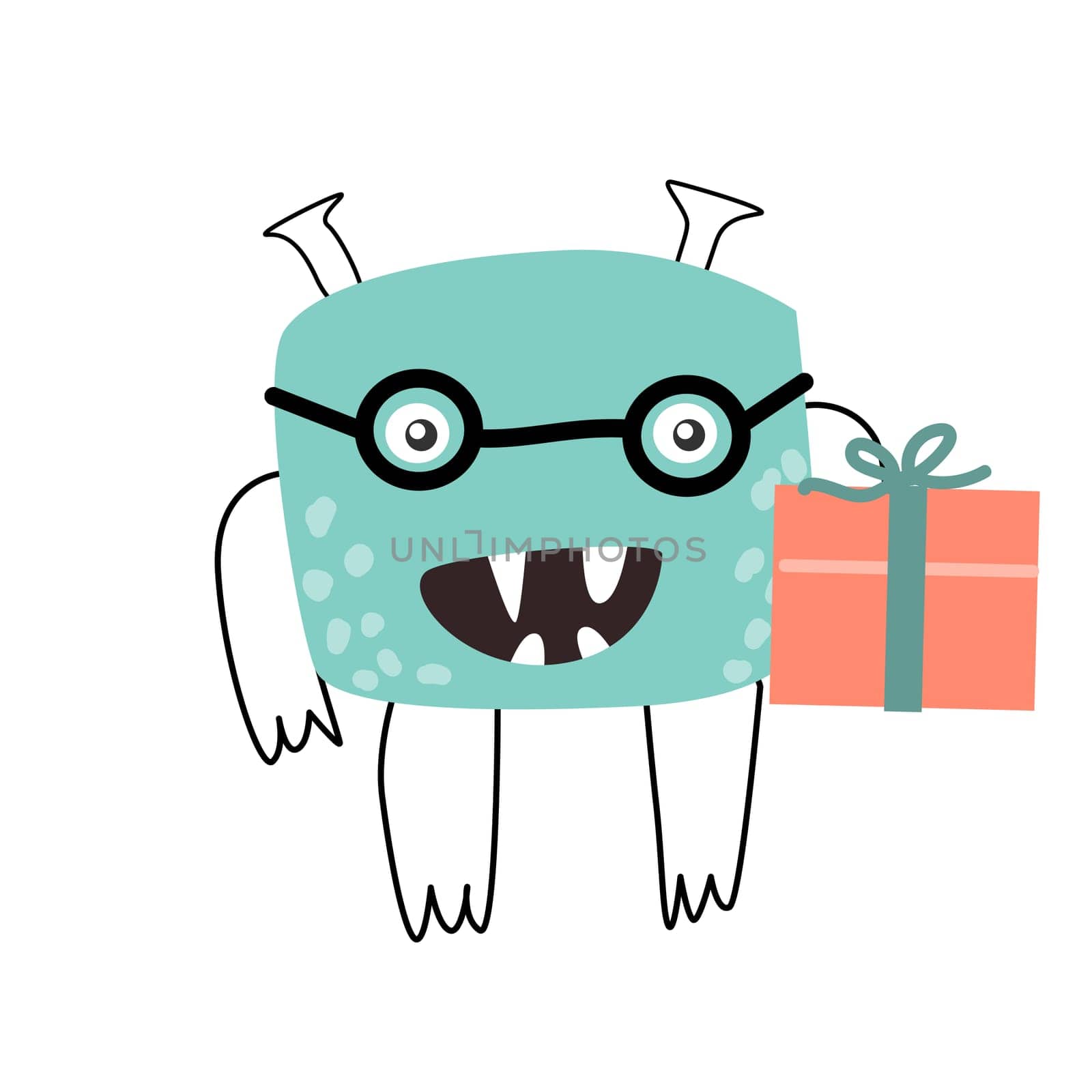 Cute monster baby character for anniversary card with gift. Vector illustration can used for banner, baby birthday background, greeting card, poster for interior. Cute alien or monster with gift