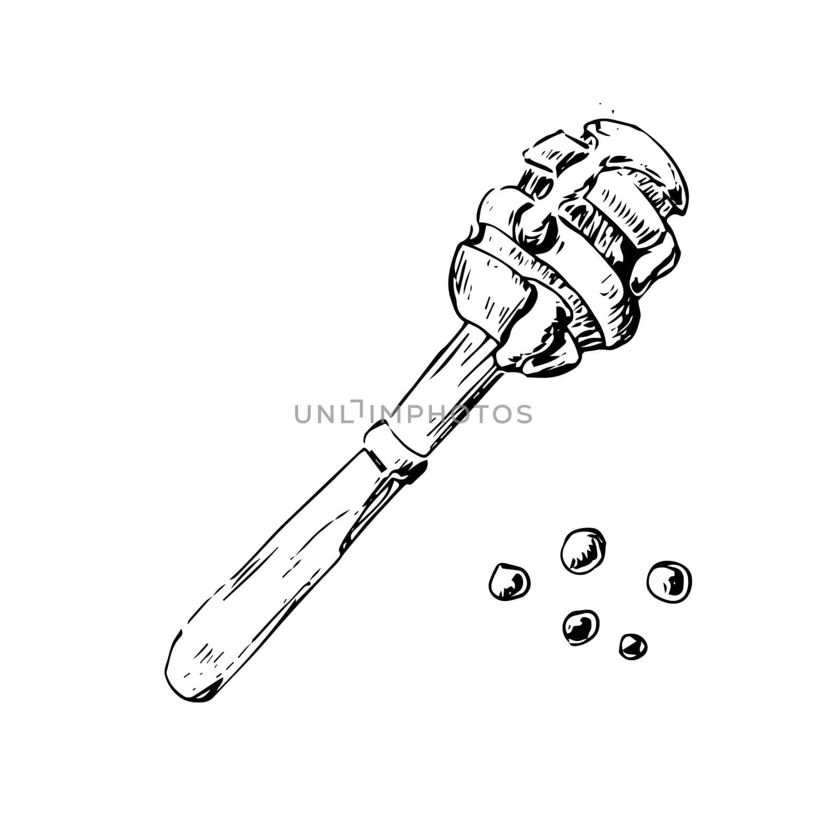 Hand drawn sketch of honey and wooden spoon. Vector illustration can used for wrapping paper, textile, food label, print for organic honey products. Outline illustration.