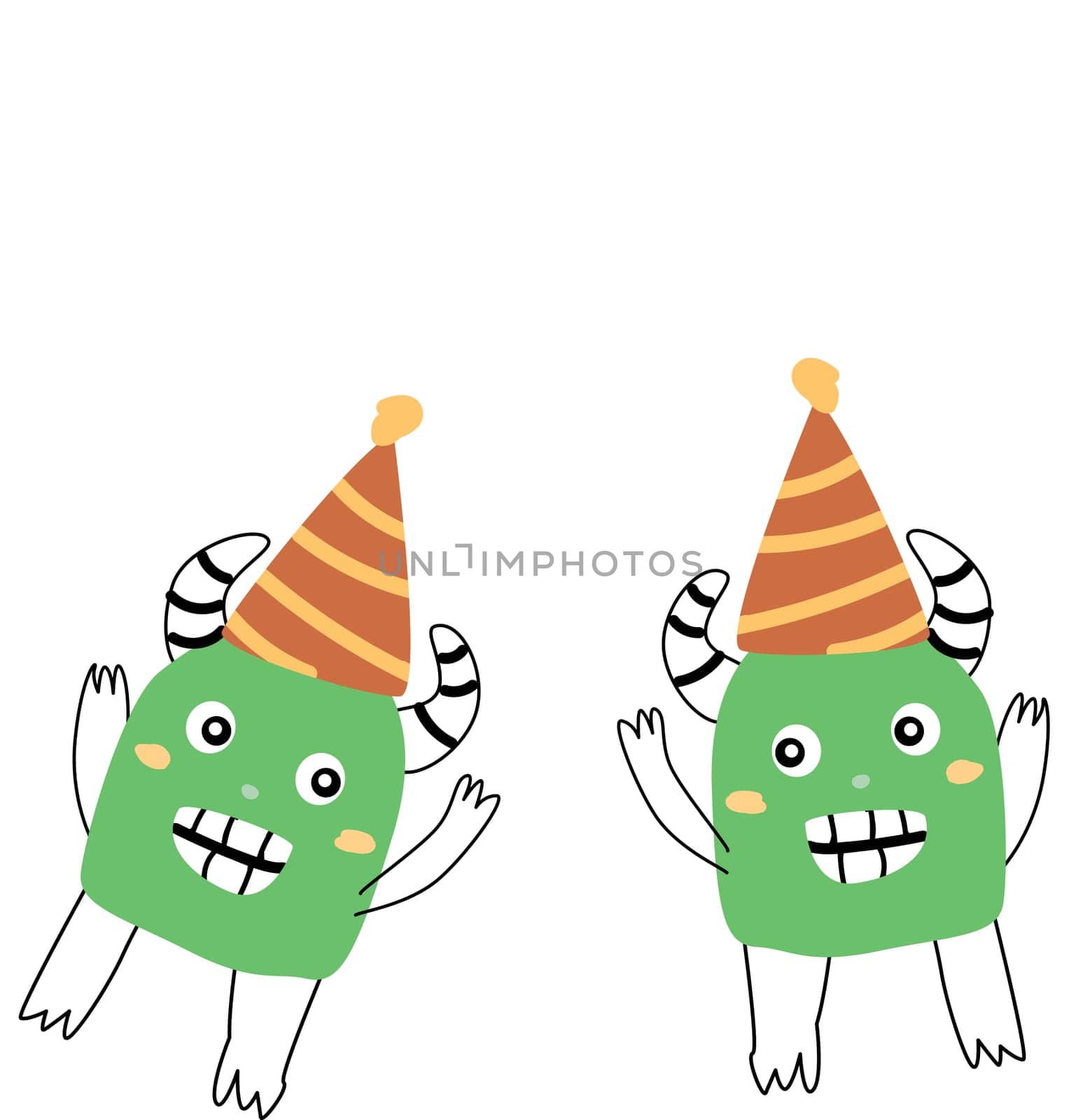 Cute monster sbaby characters for anniversary. Vector illustration can used for banner, baby birthday background, greeting card, poster for interior. Cute alien or monsters in birthday cap.